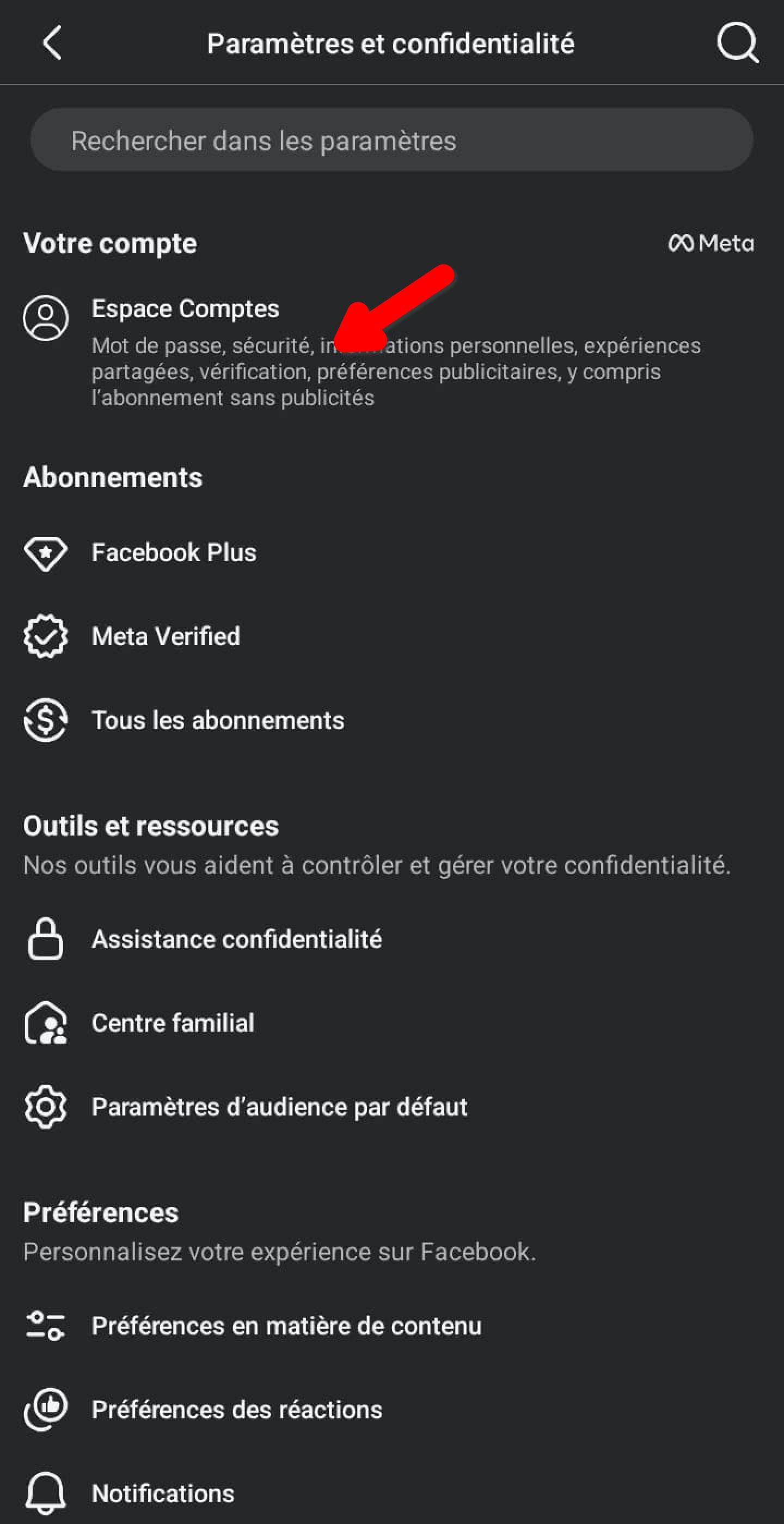 Écran Paramètres et confidentialité, option Espace Comptes