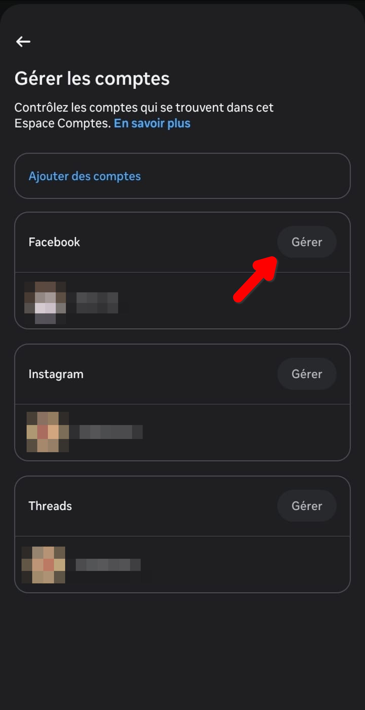 Écran Gérer les comptes, compte Facebook