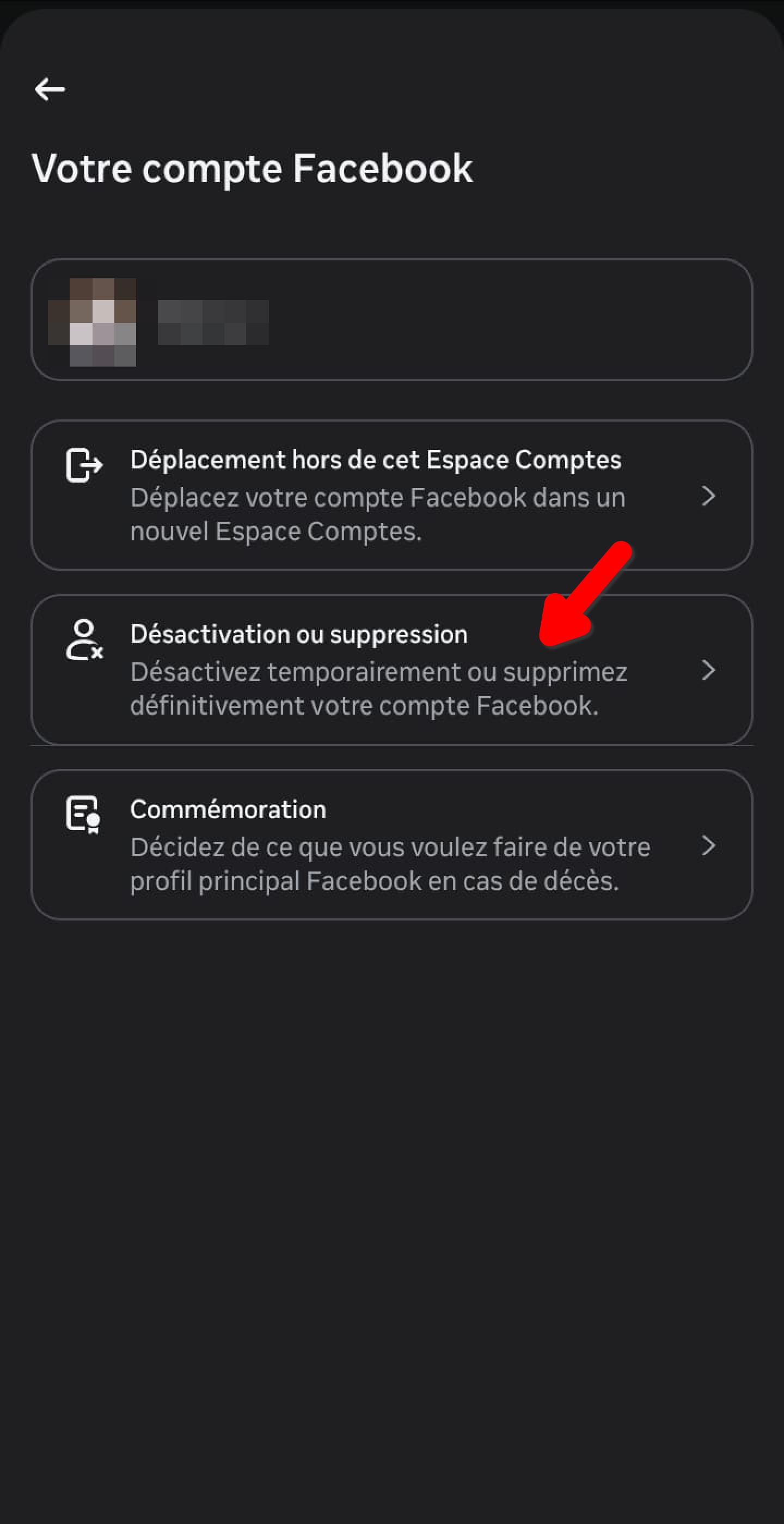Écran Votre compte Facebook, option Désactivation ou suppression
