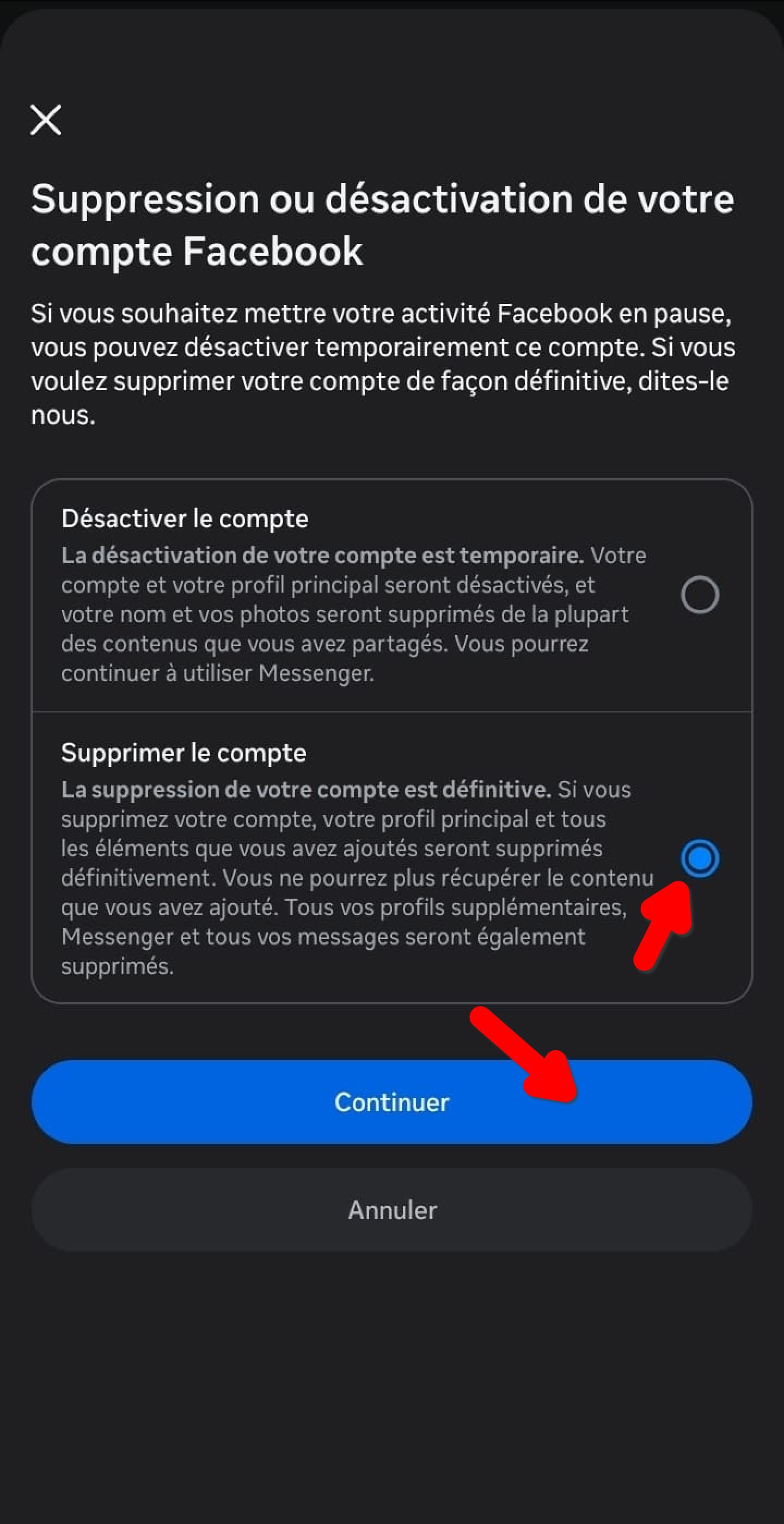 Choix entre désactiver et supprimer définitivement le compte Facebook