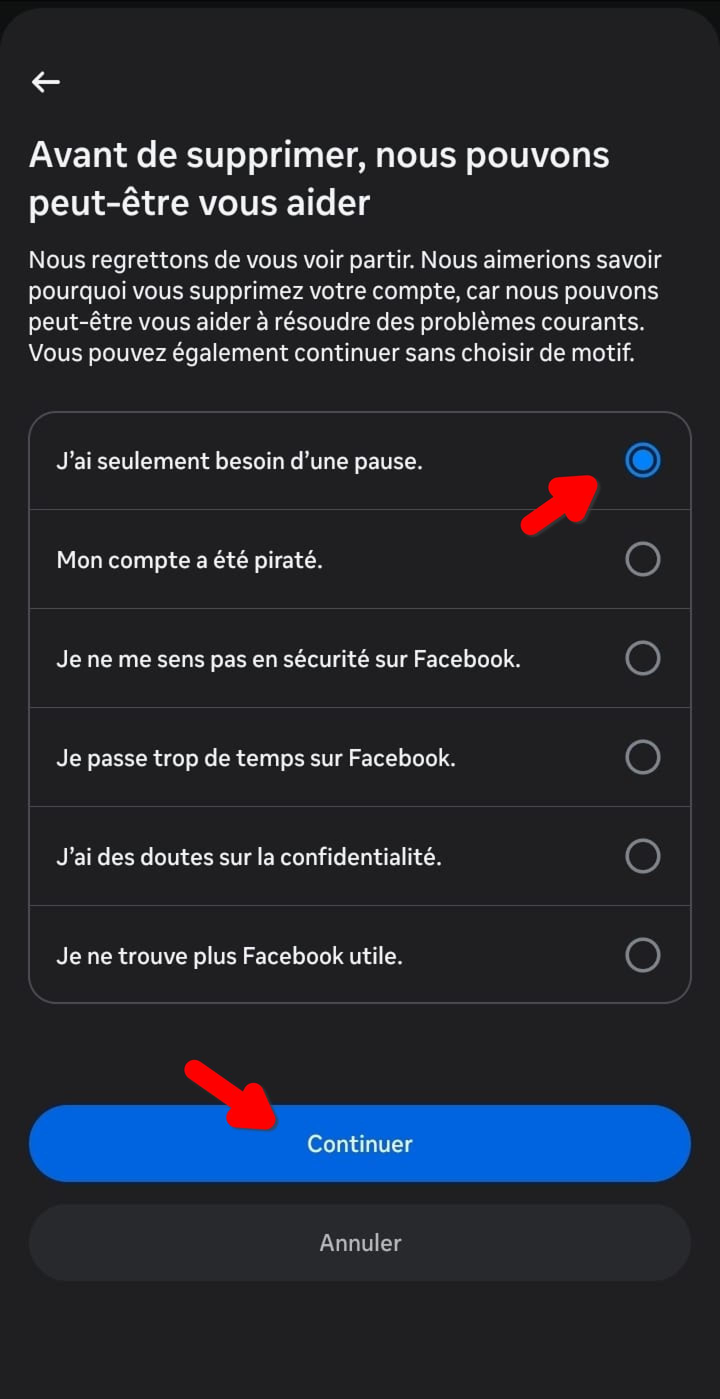 Sondage Facebook sur la raison de la suppression