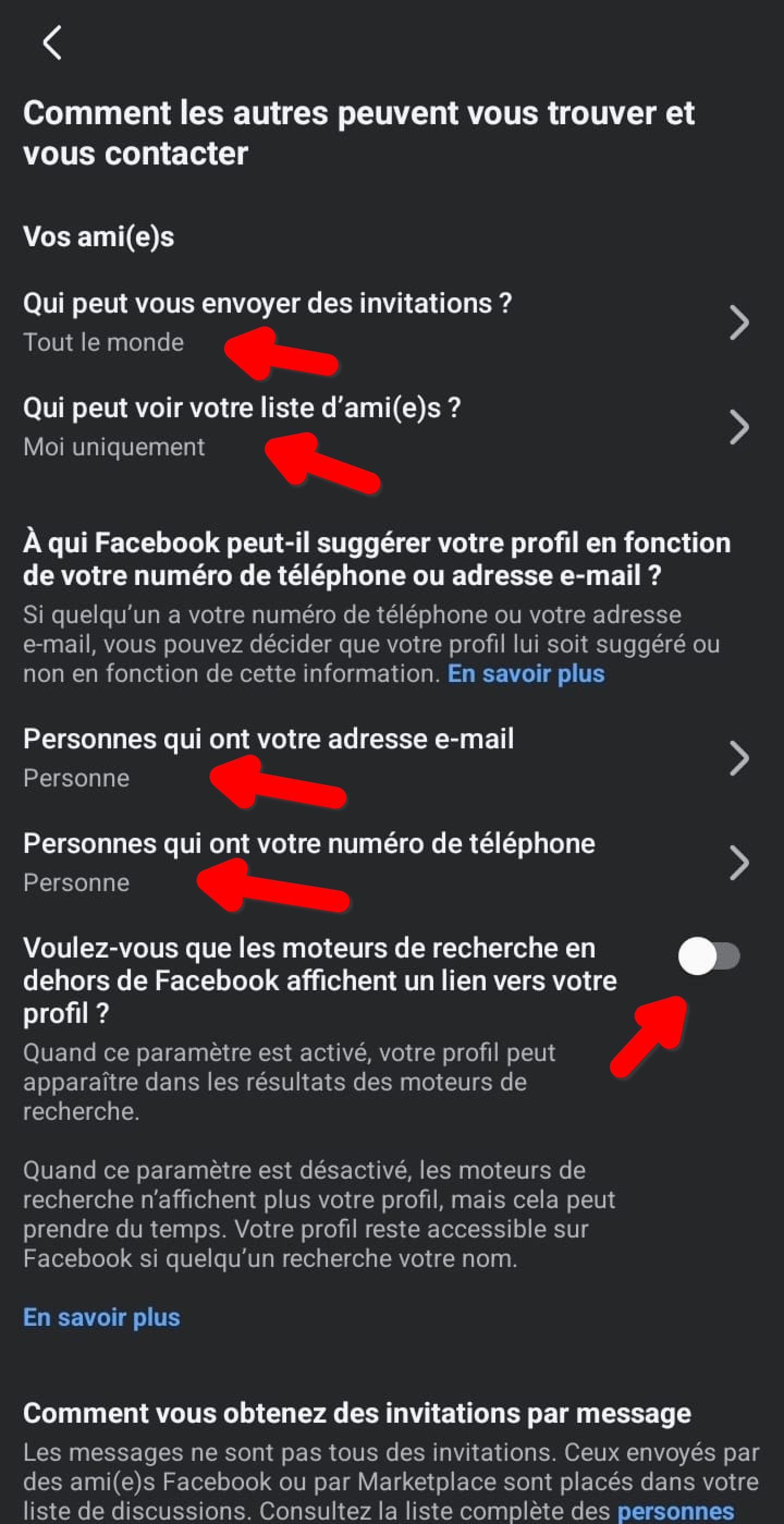 Écran Comment les autres peuvent vous trouver et vous contacter