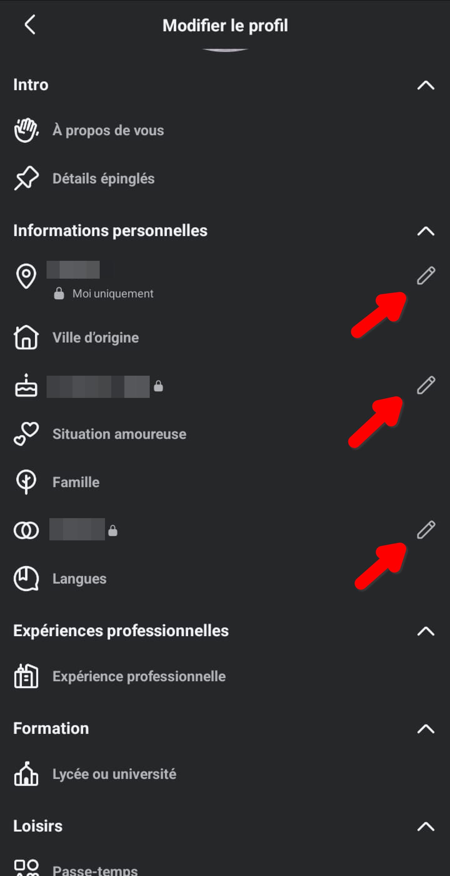 Écran Modifier le profil Facebook, visibilité de chaque information personnelle