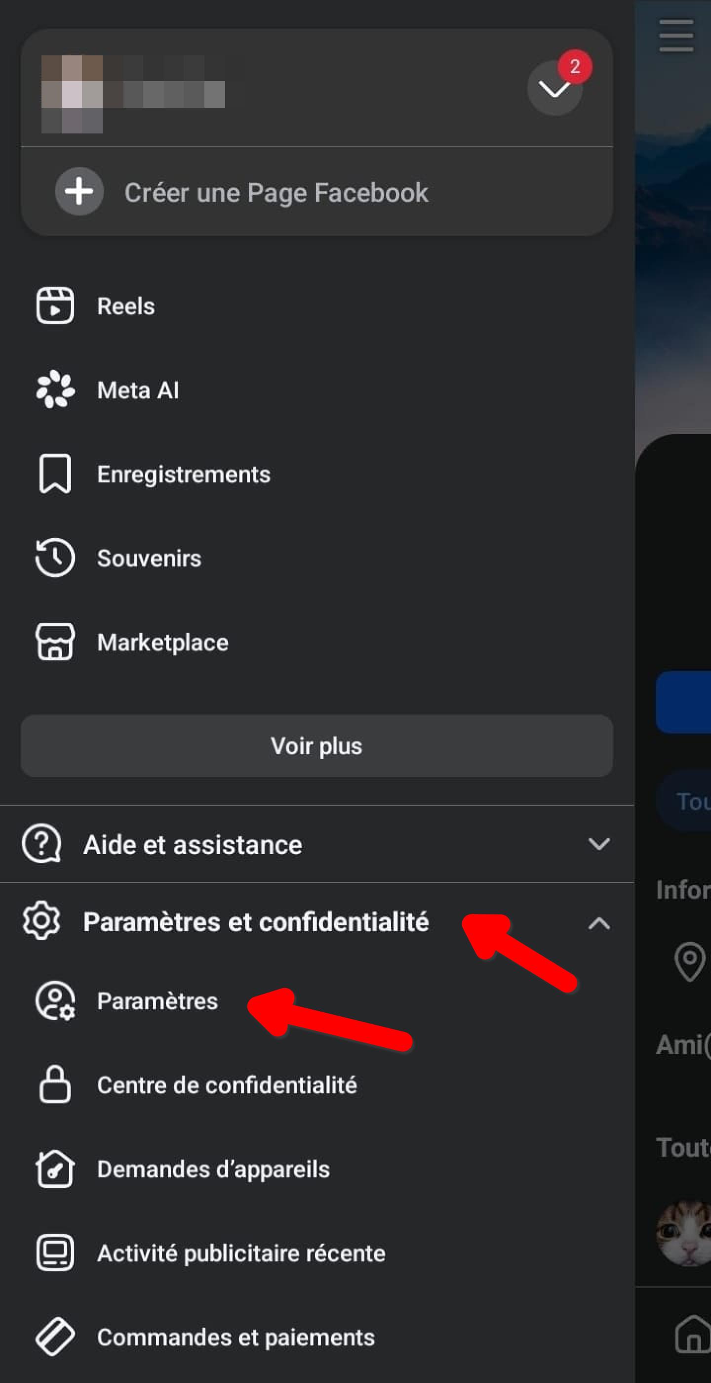 Menu Facebook déployé sur Paramètres et confidentialité