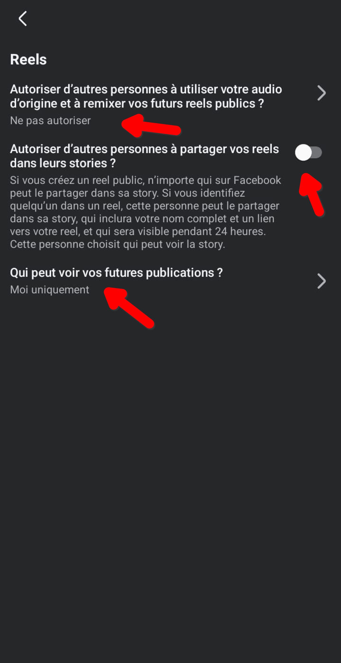 Écran Reels Facebook, audience des futures publications