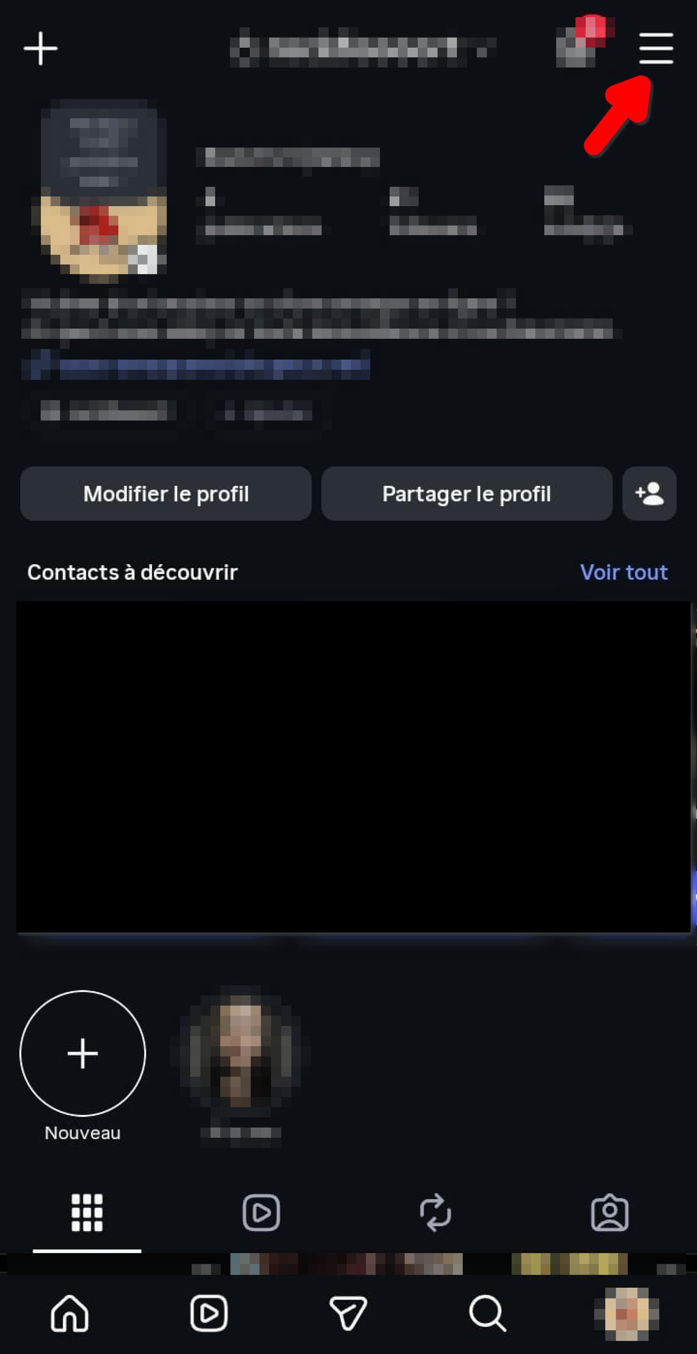 Profil Instagram, icône Menu en haut à droite