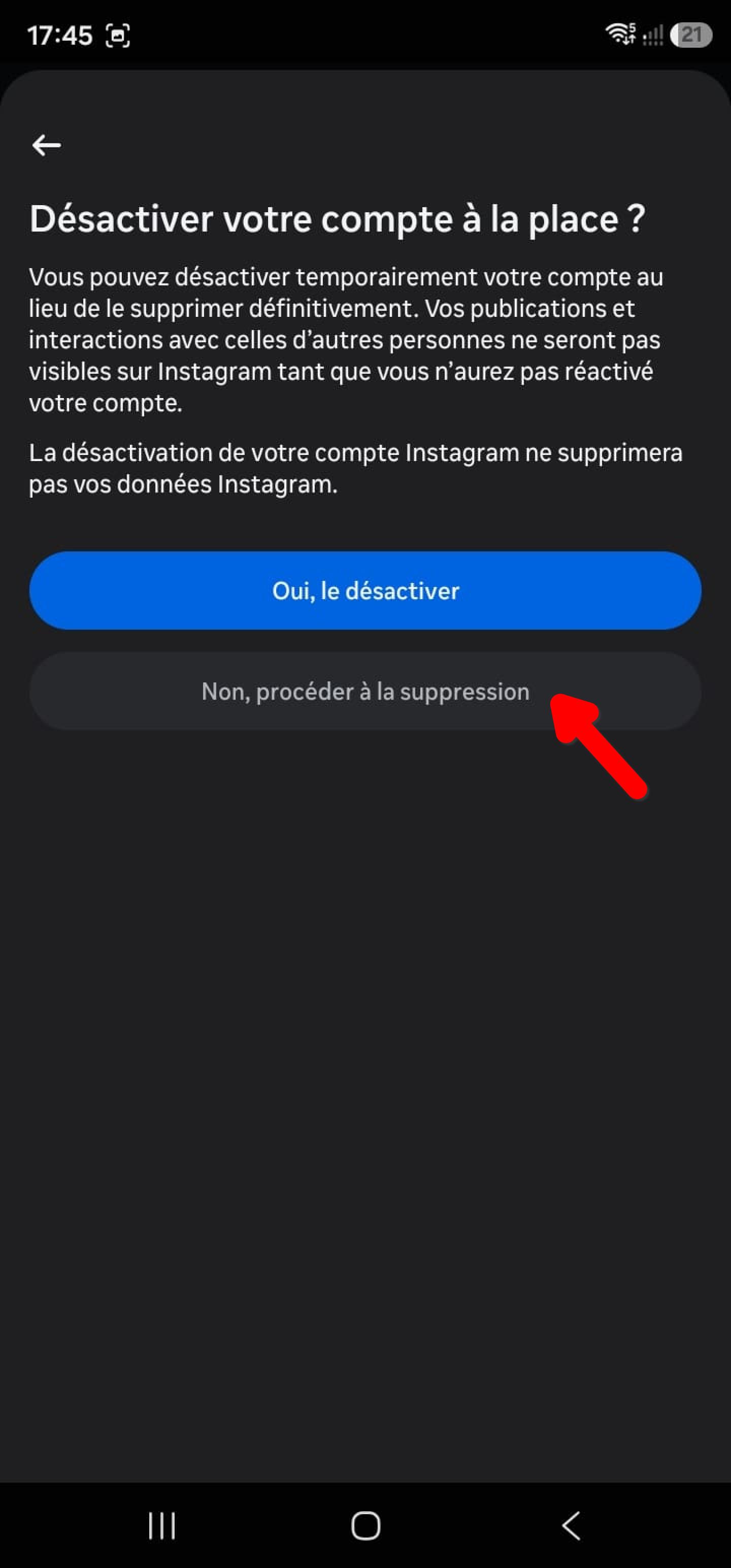 Proposition de désactiver le compte Instagram à la place de le supprimer