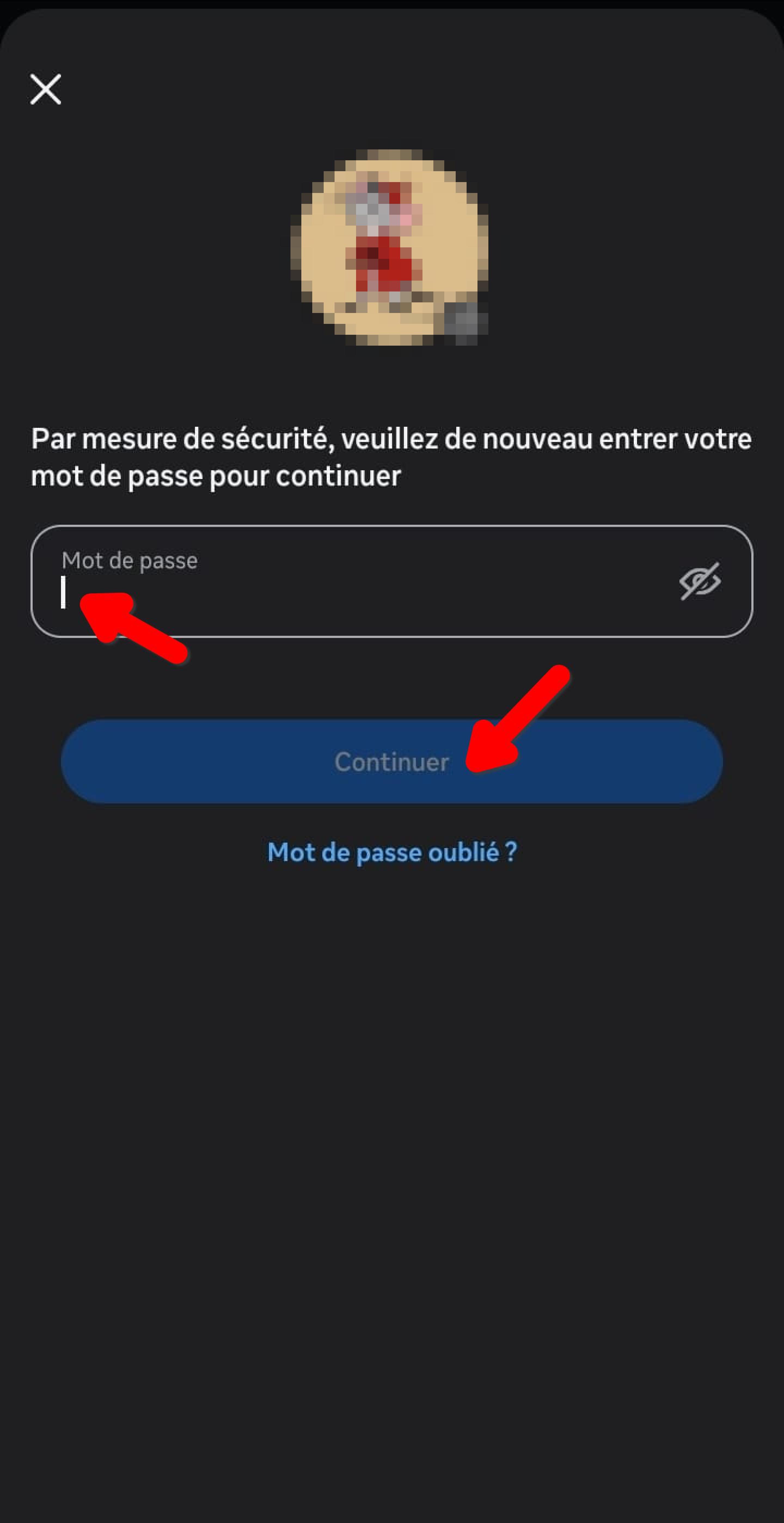 Confirmation du mot de passe pour supprimer le compte Instagram
