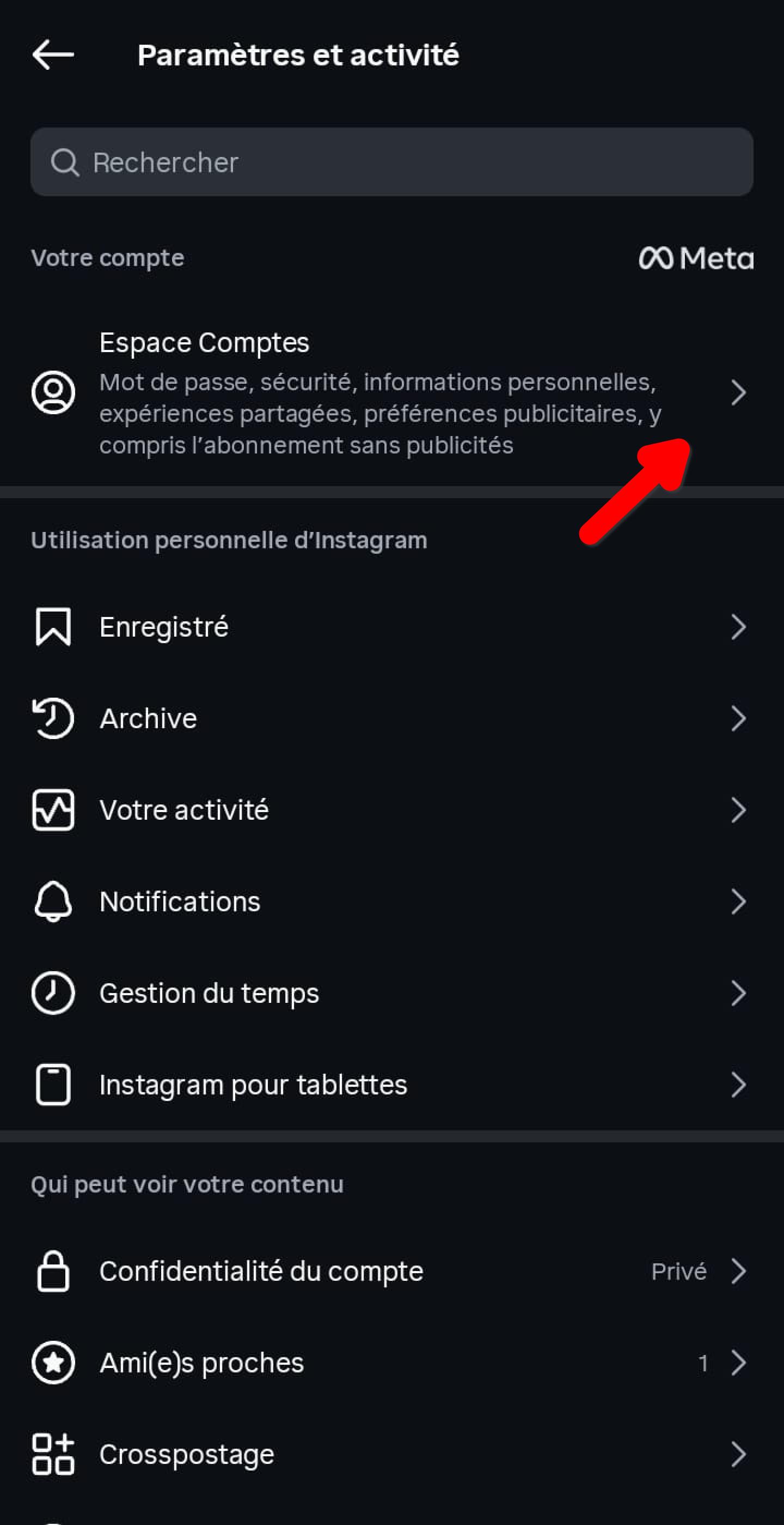 Paramètres et activité Instagram, option Espace Comptes