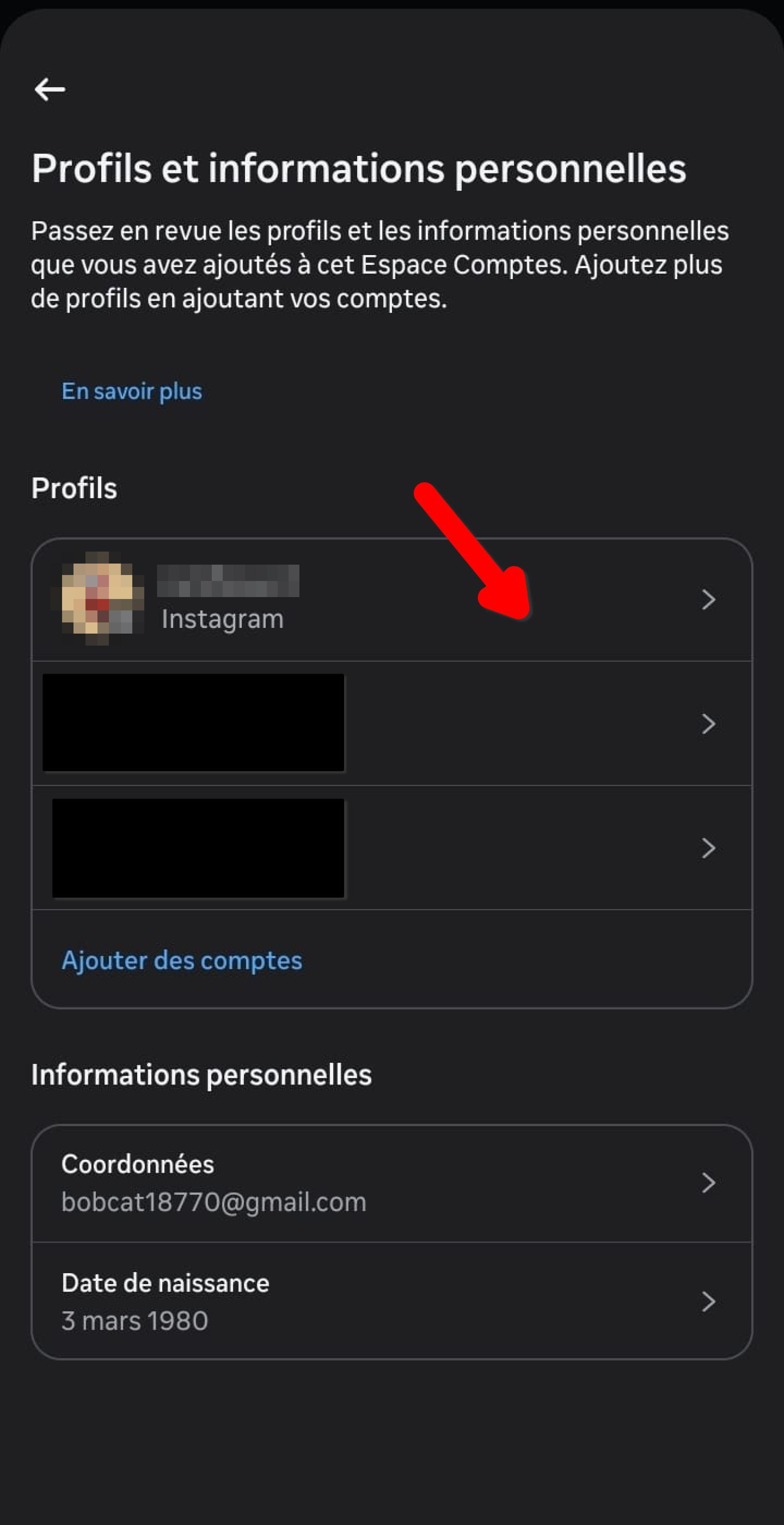 Liste des profils de l'Espace Comptes, profil Instagram