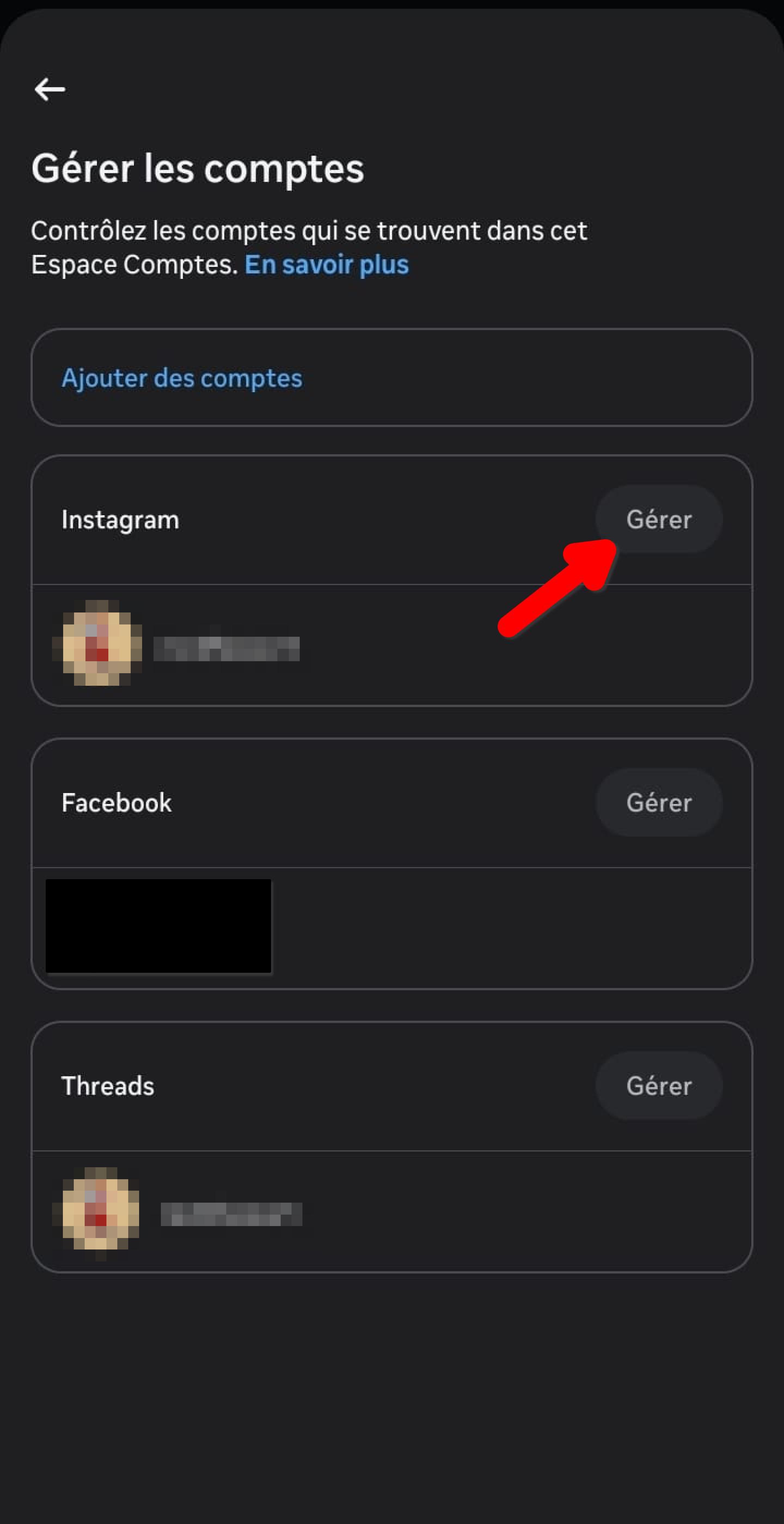 Écran Gérer les comptes, compte Instagram