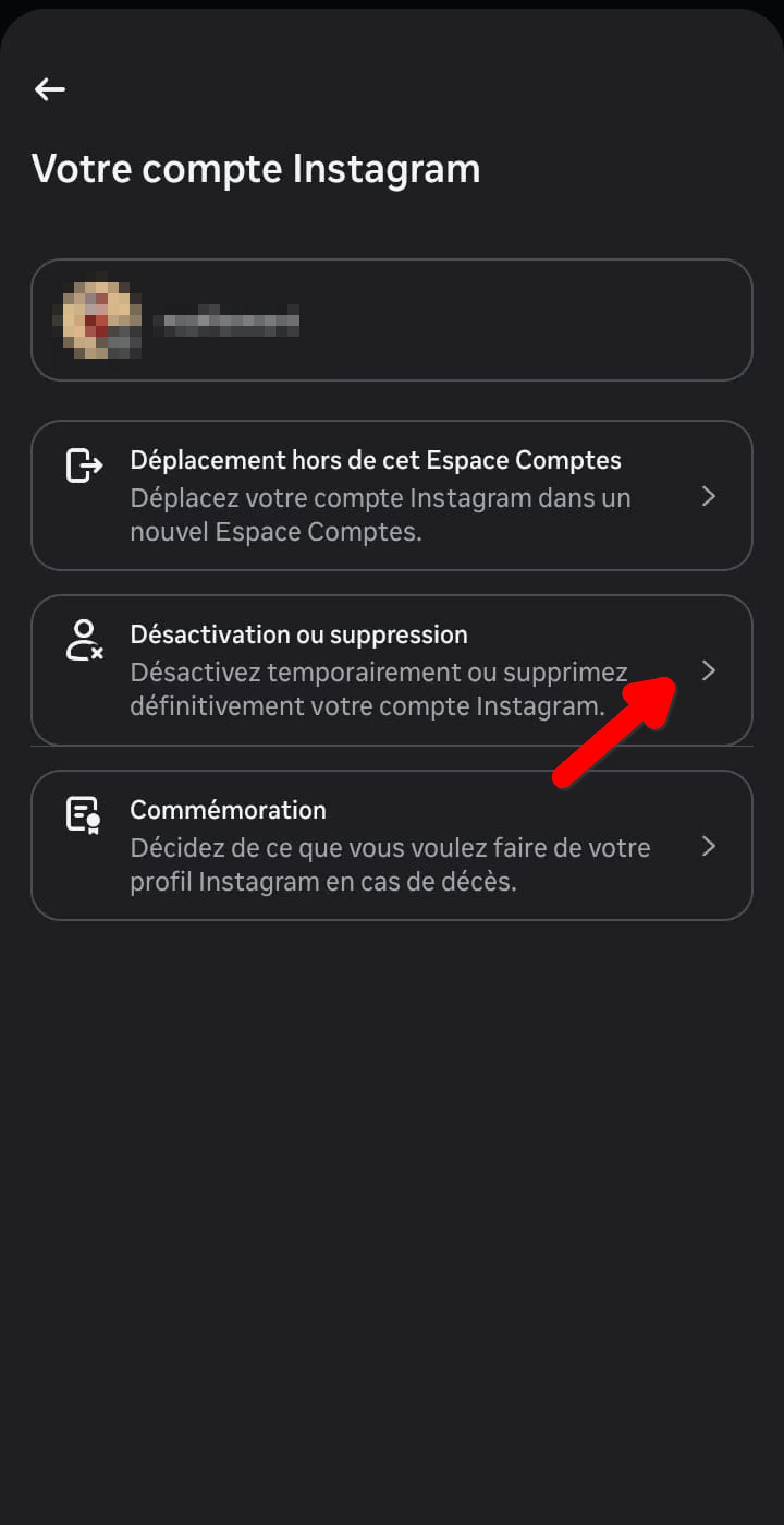Écran Votre compte Instagram, option Désactivation ou suppression