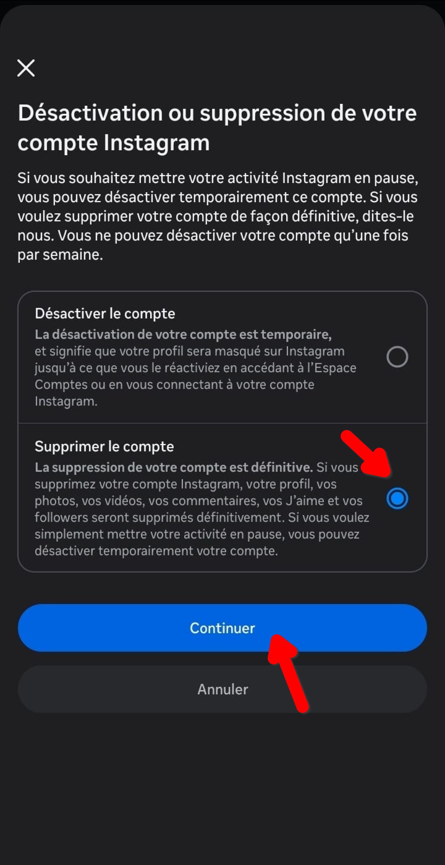 Choix entre désactiver et supprimer définitivement le compte Instagram