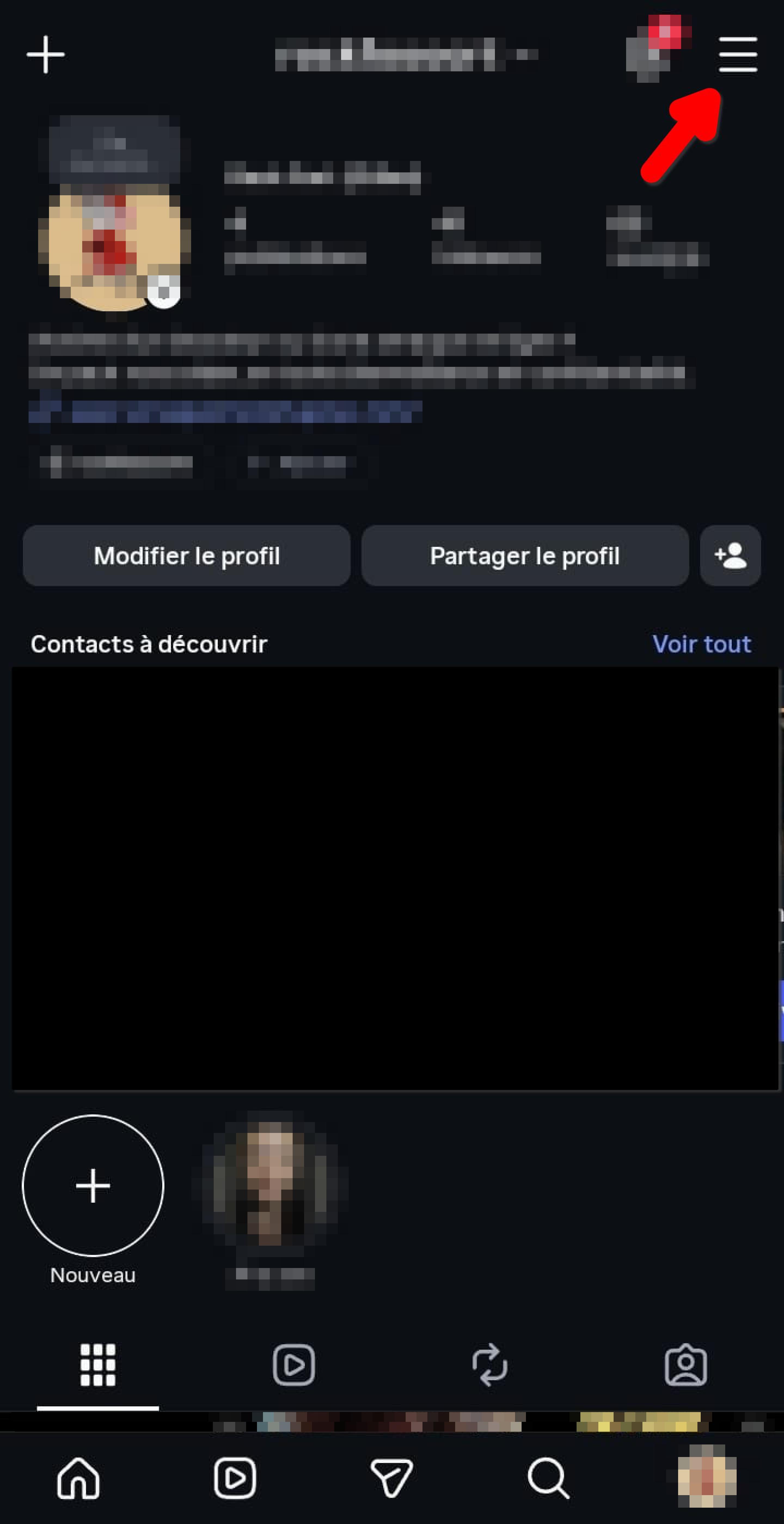 Profil Instagram, icône Menu en haut à droite