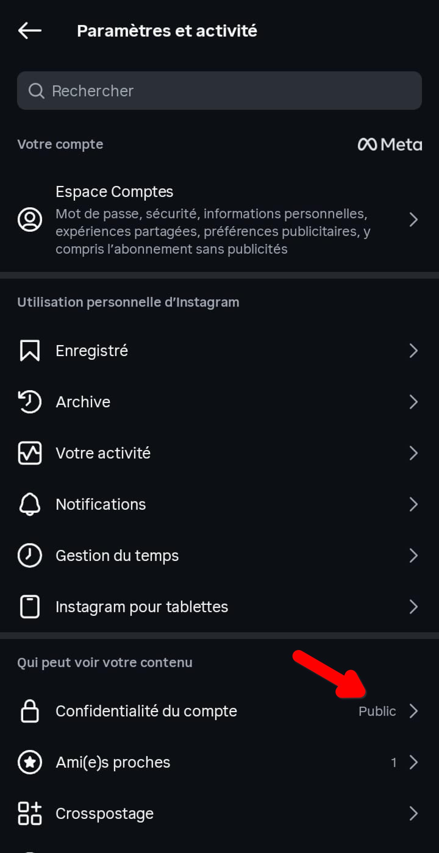 Paramètres et activité Instagram, option Confidentialité du compte