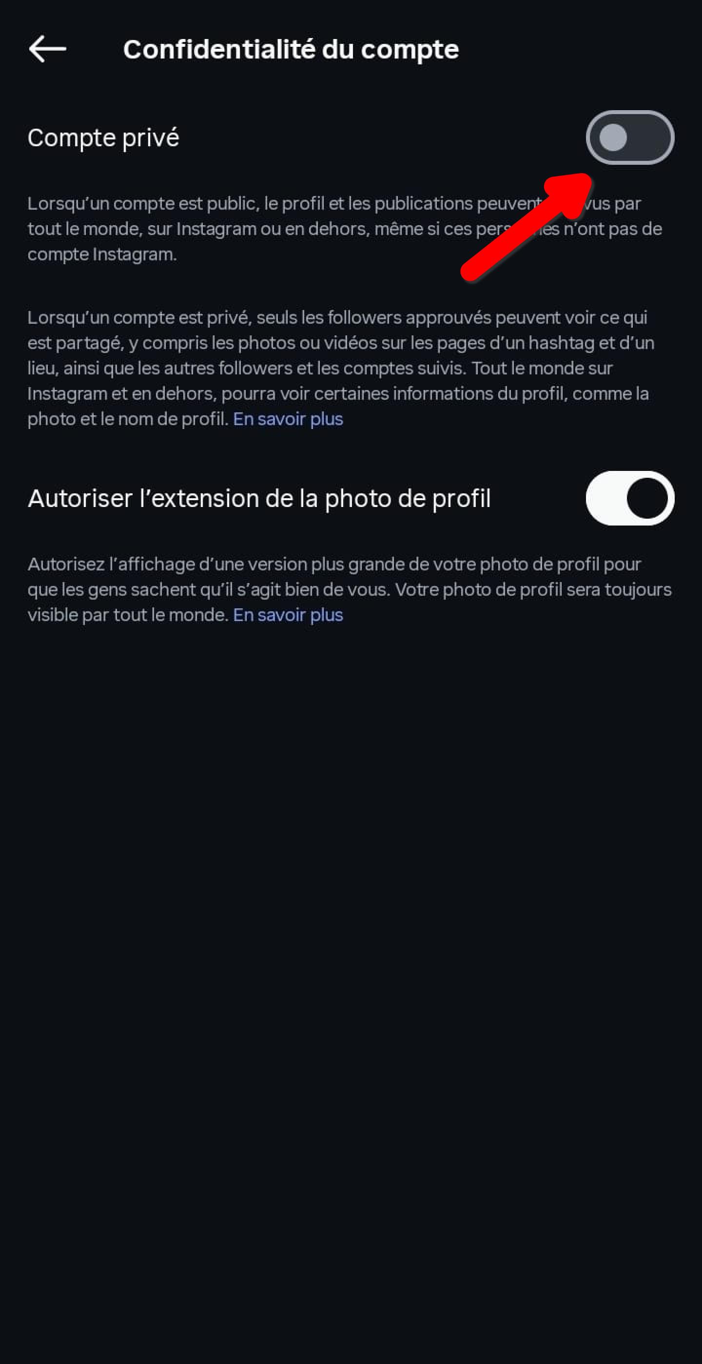 Écran Confidentialité du compte Instagram, bouton Compte privé désactivé