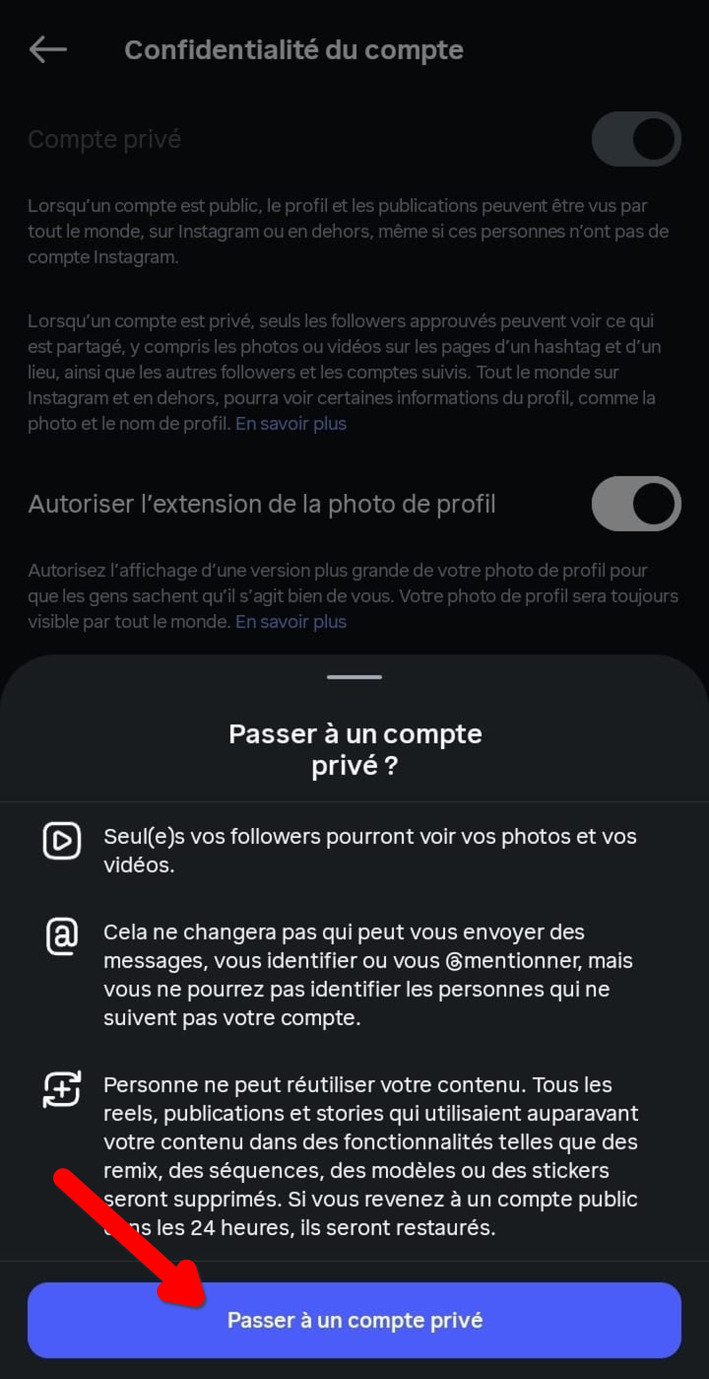Fenêtre de confirmation Passer à un compte privé sur Instagram