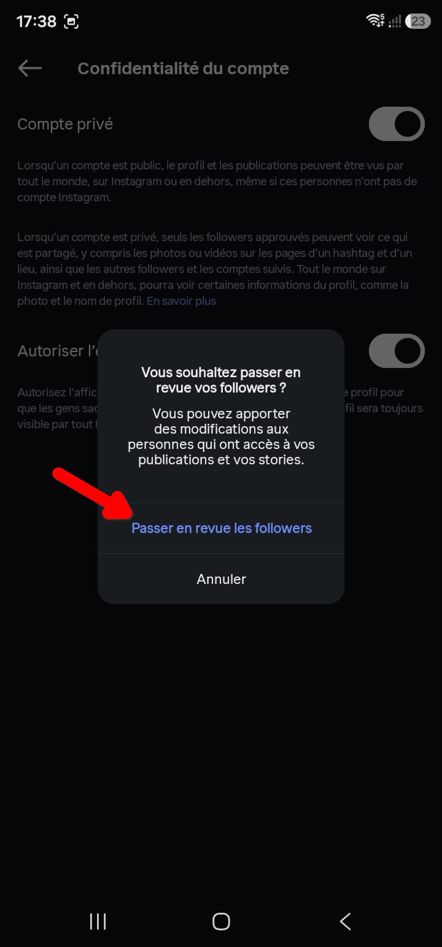 Popup Instagram proposant de passer en revue vos followers