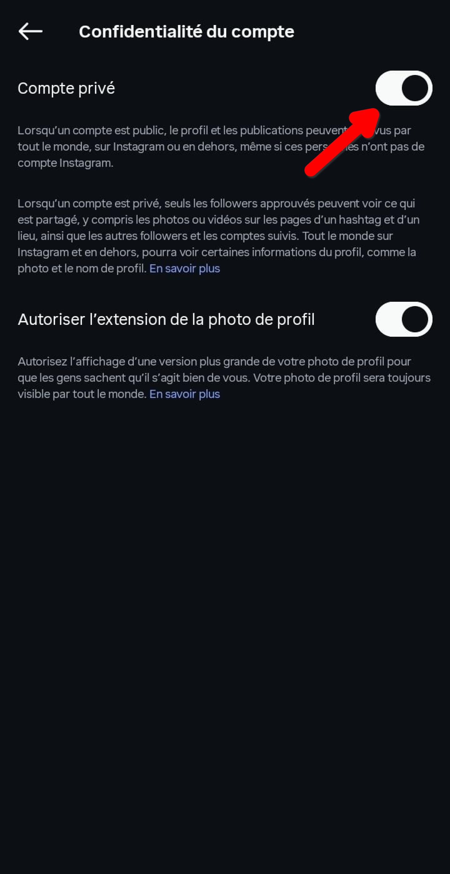Écran Confidentialité du compte Instagram, bouton Compte privé activé