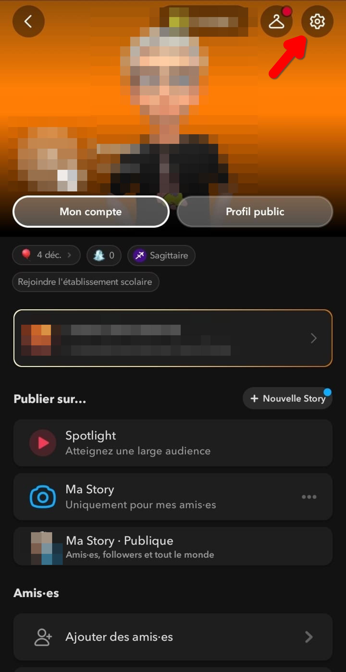 Profil Snapchat, icône Paramètres (roue crantée) en haut à droite
