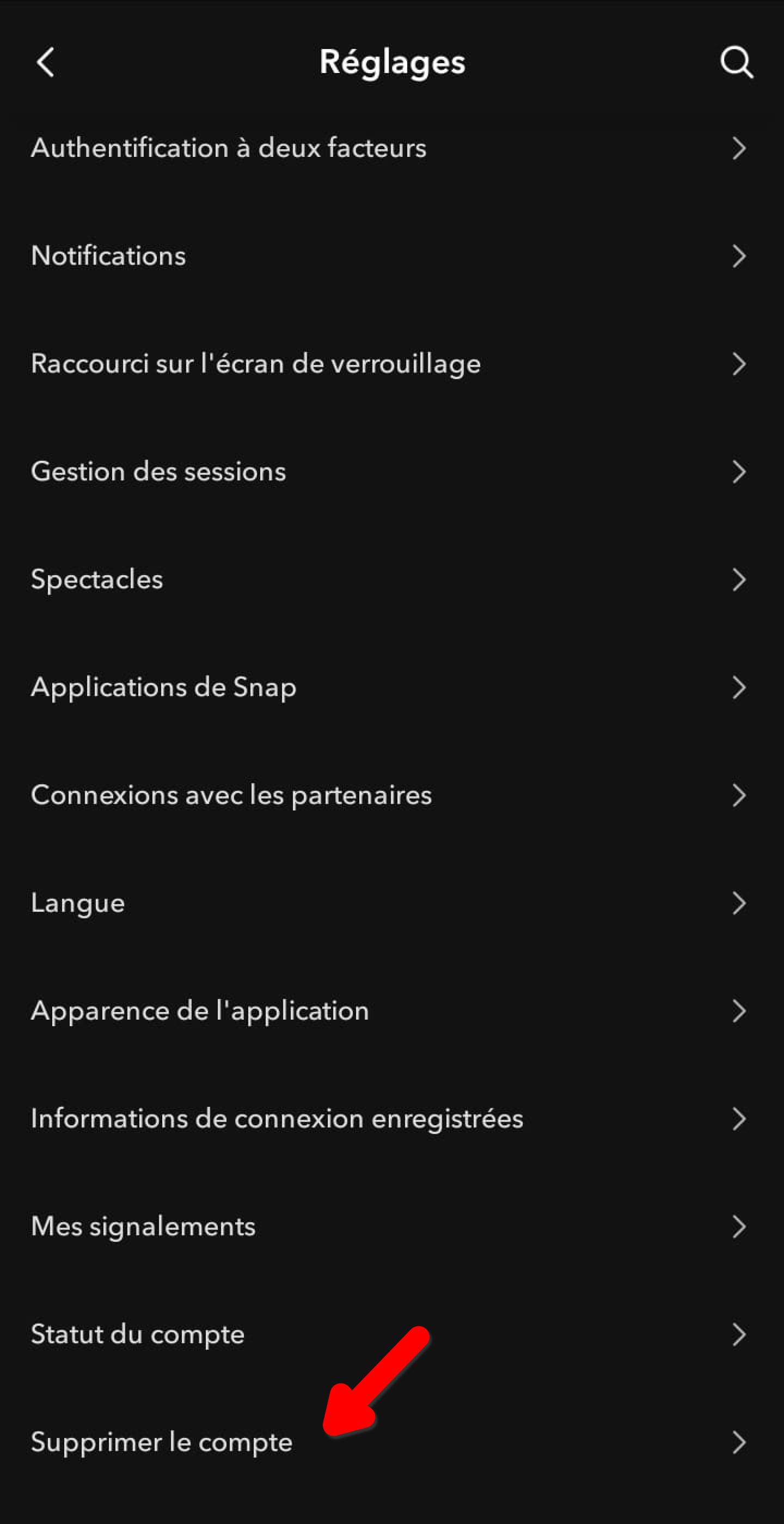 Écran Réglages Snapchat, option Supprimer le compte tout en bas