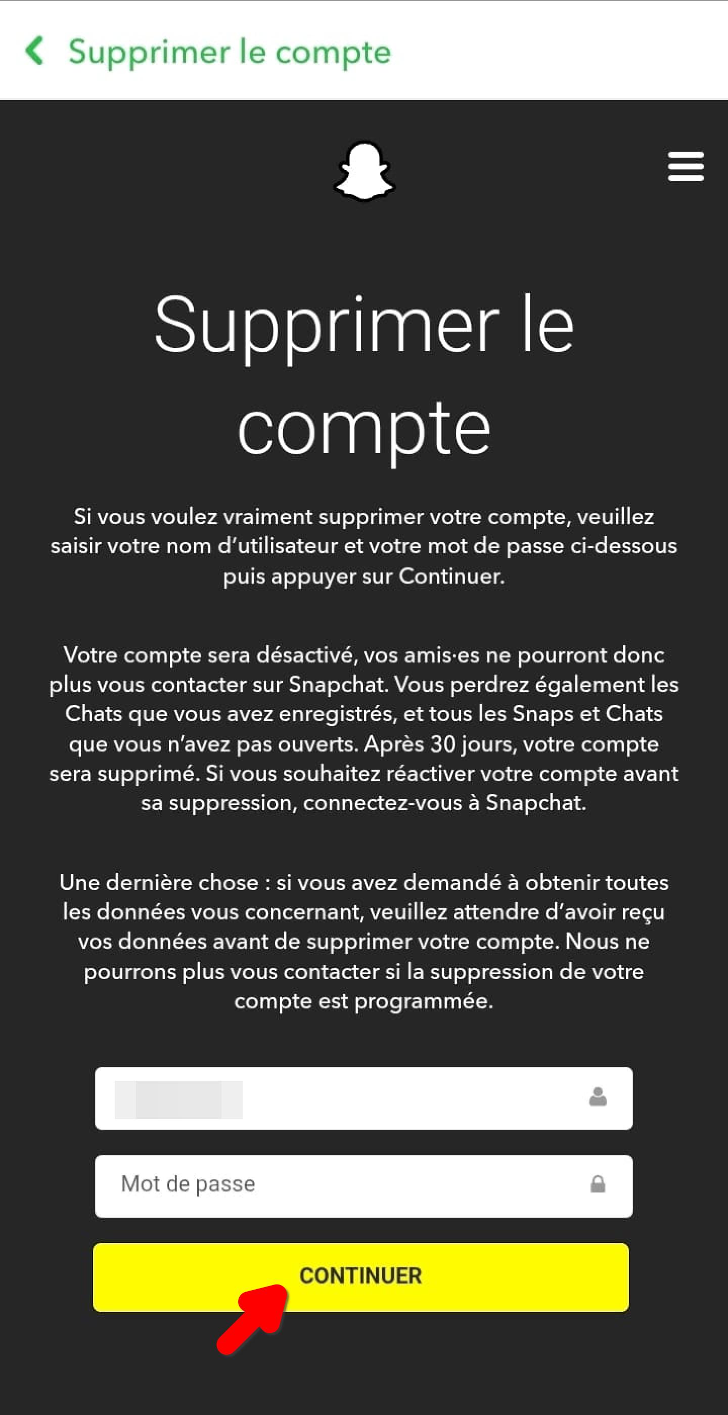 Page Supprimer le compte, saisie du nom d'utilisateur et du mot de passe