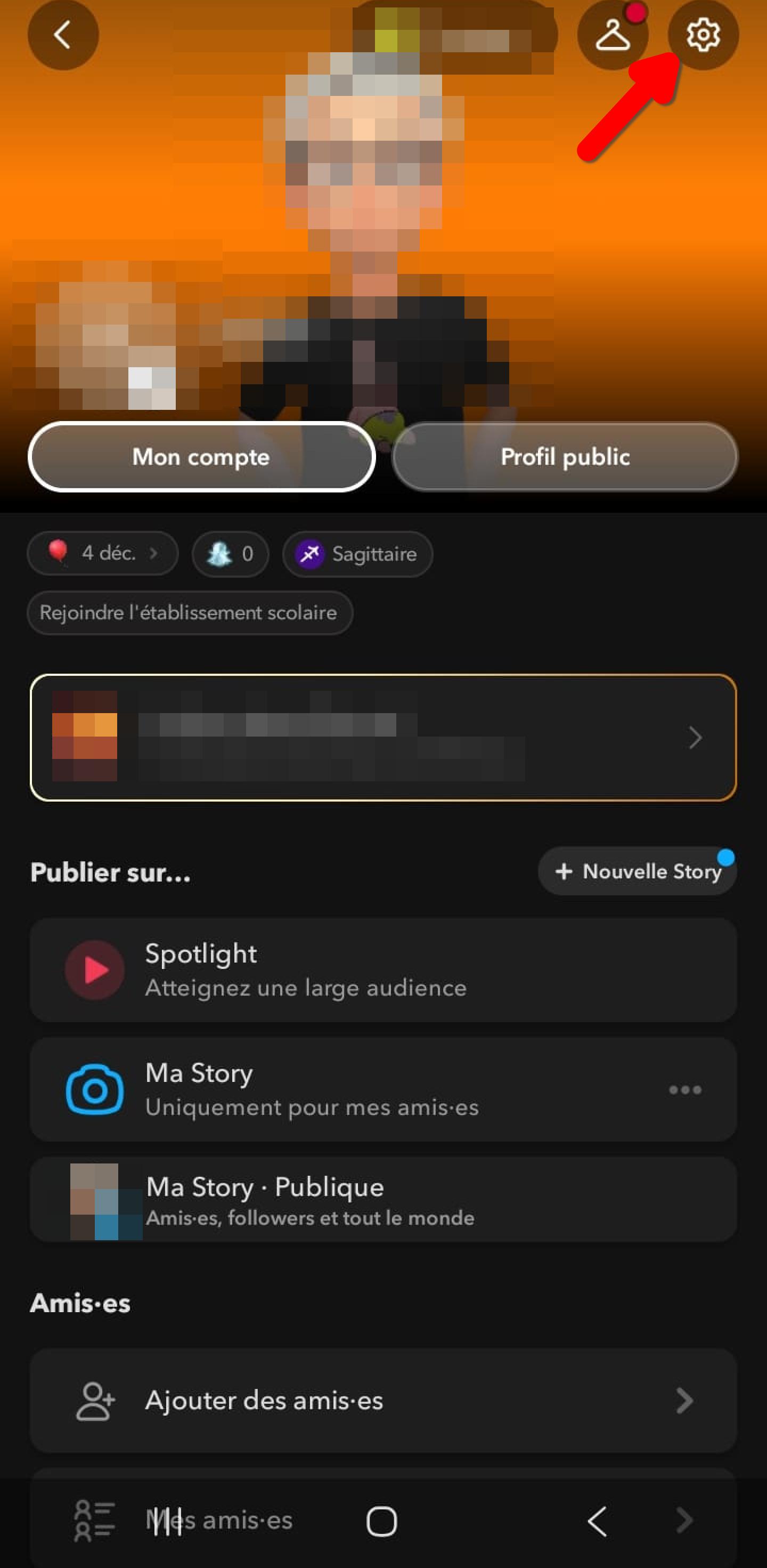 Profil Snapchat, icône Paramètres (roue crantée) en haut à droite