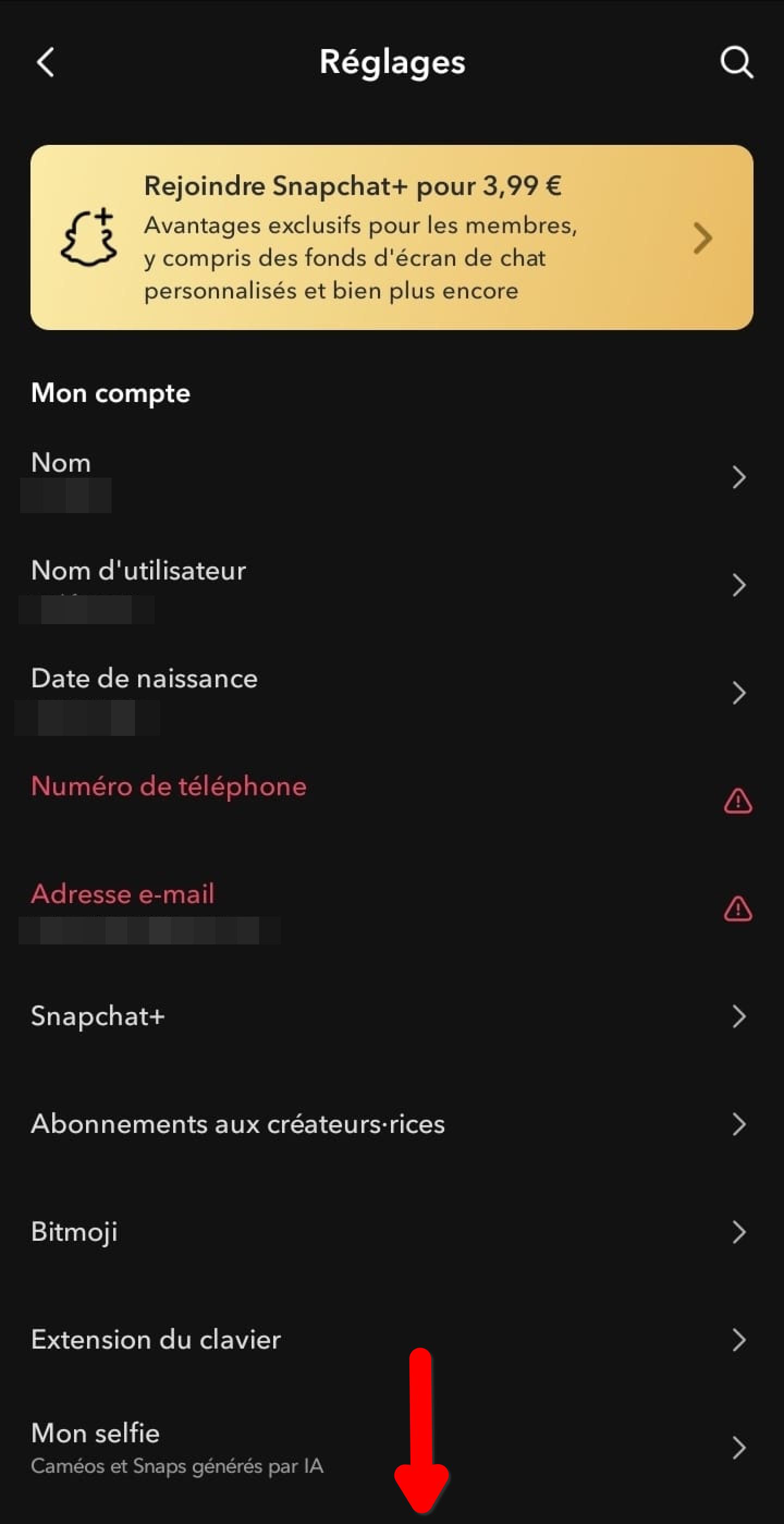 Écran Réglages Snapchat, section Mon compte