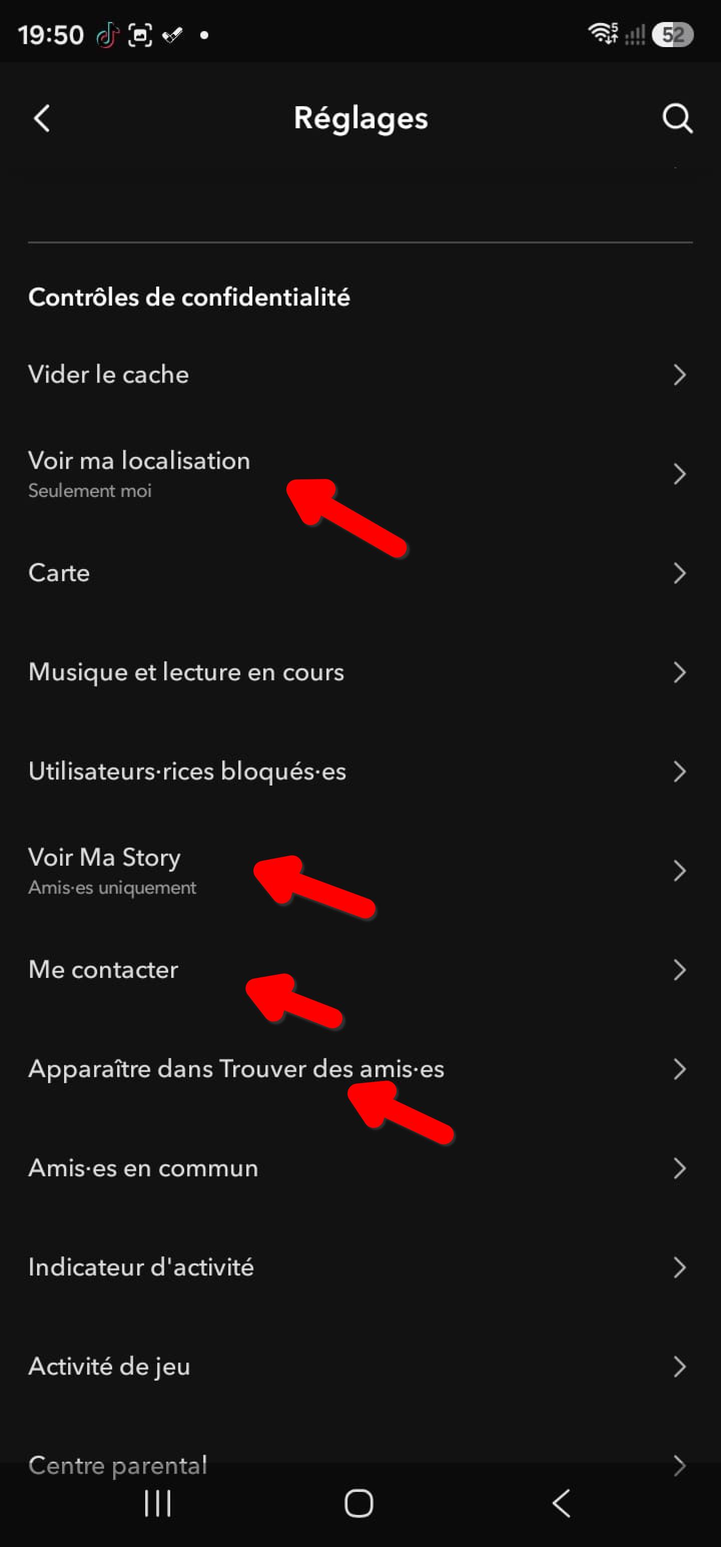Section Contrôles de confidentialité Snapchat : localisation, story, me contacter, trouver des amis