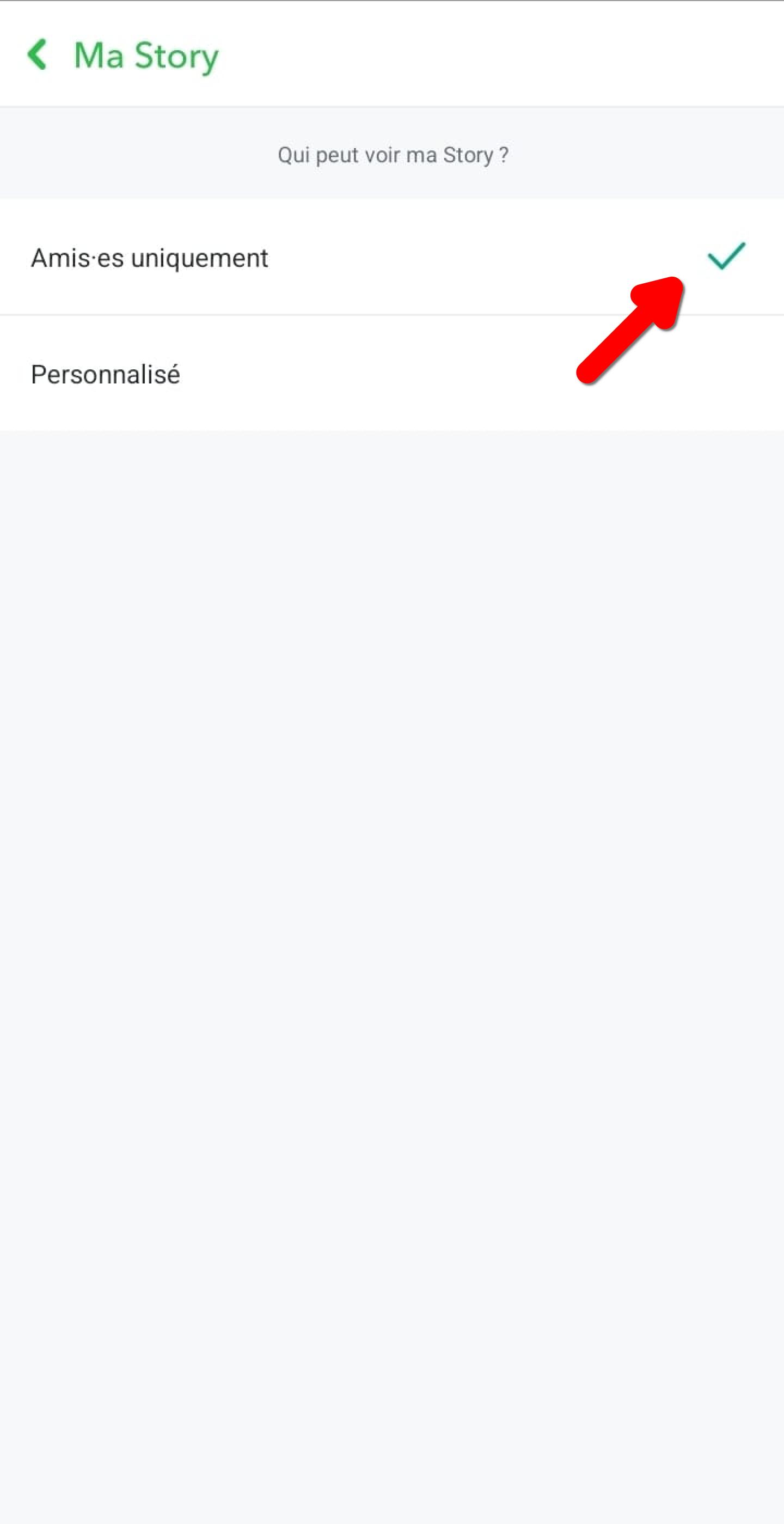 Écran Ma Story, option Amis·es uniquement