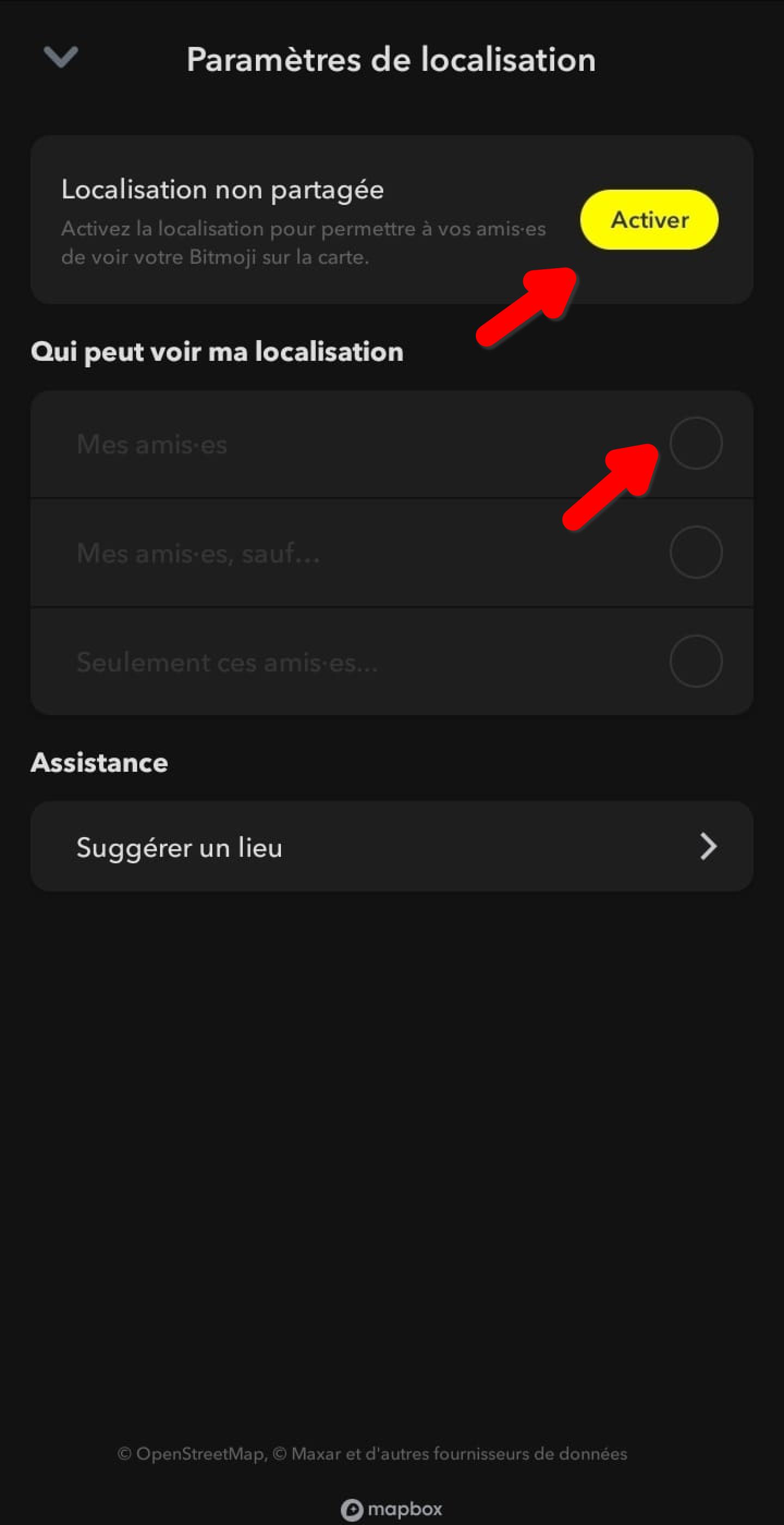 Écran Paramètres de localisation Snapchat