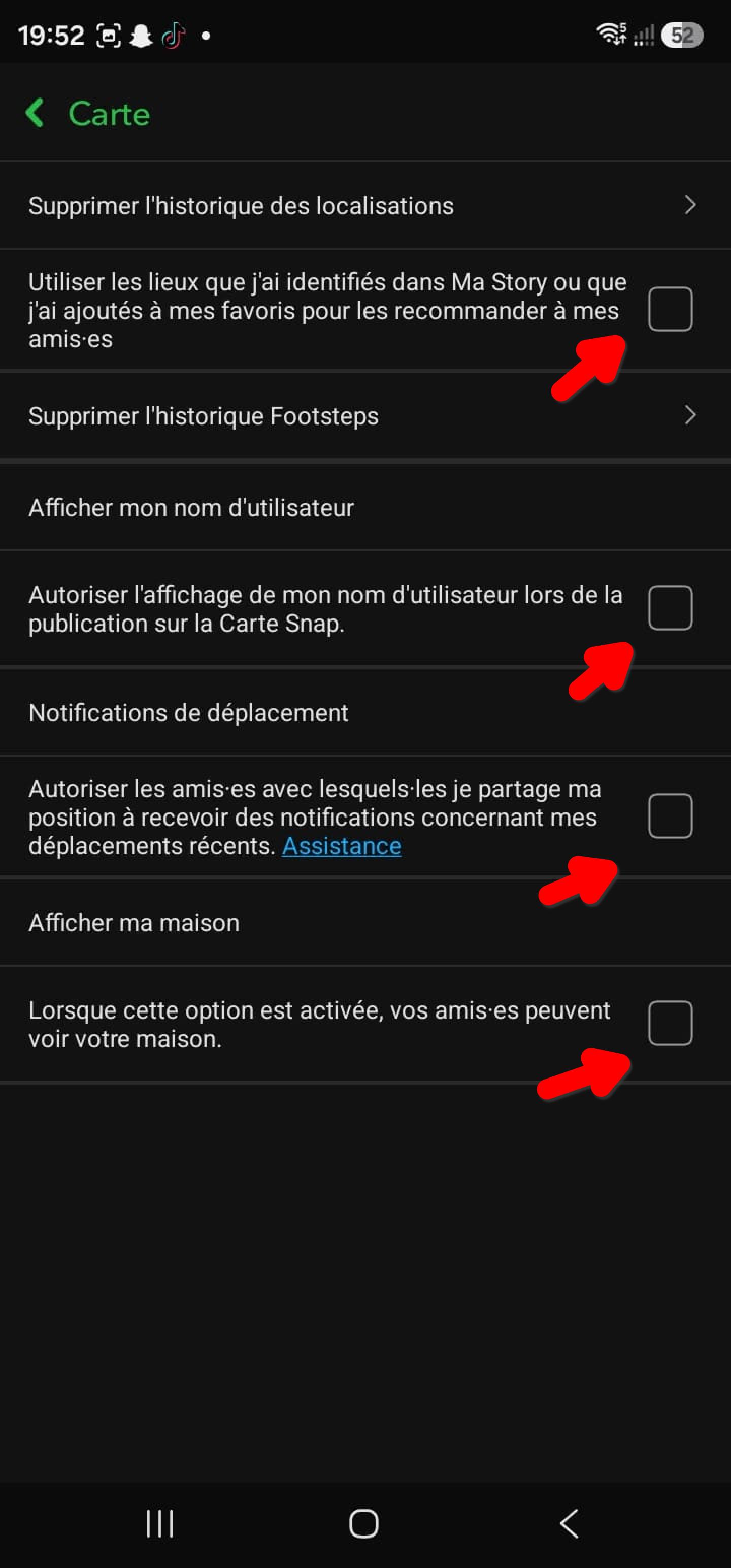 Écran Carte Snapchat, options nom d'utilisateur et maison