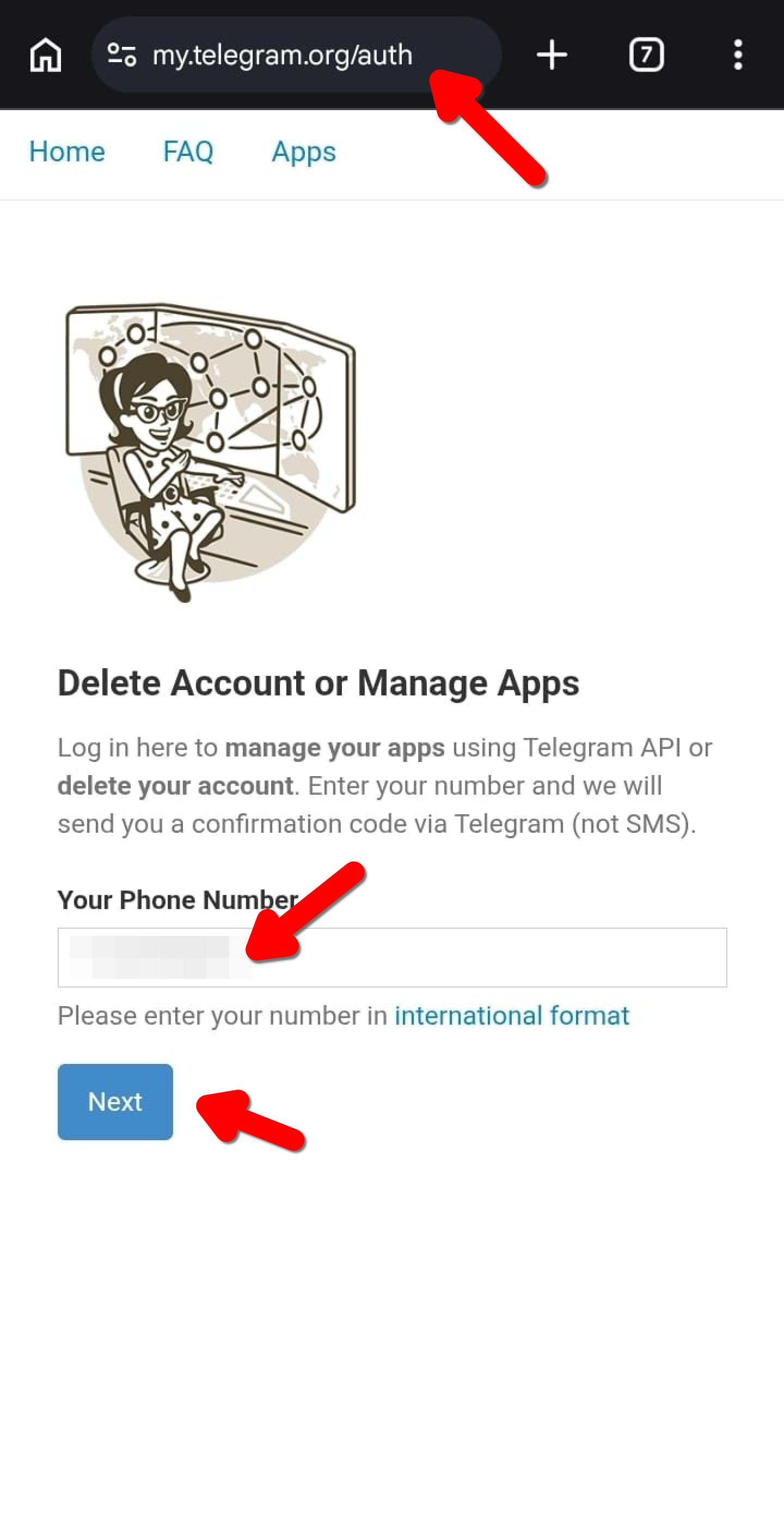 Page my.telegram.org/auth, saisie du numéro de téléphone