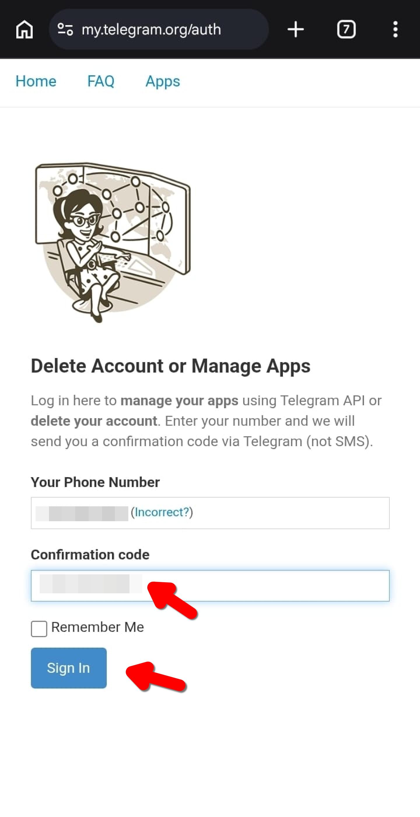 Saisie du code de confirmation reçu via Telegram