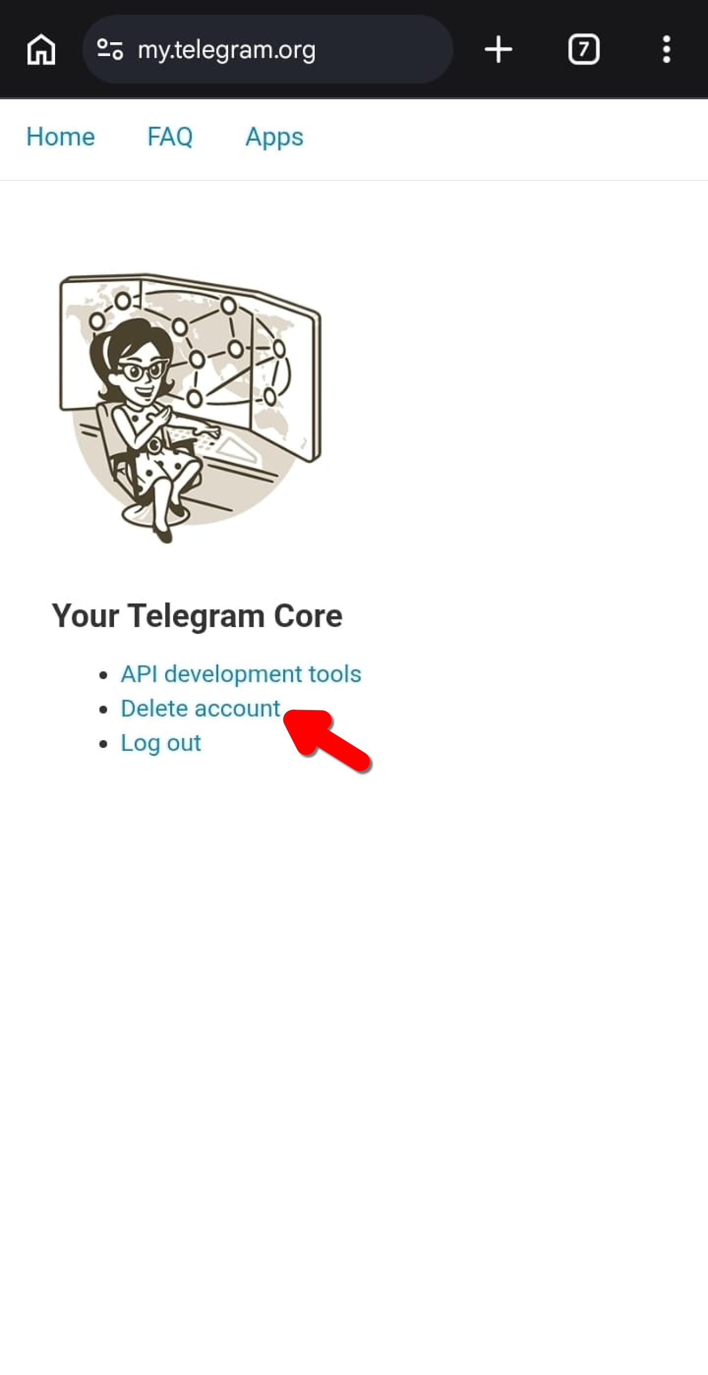 Page Your Telegram Core, lien Delete account