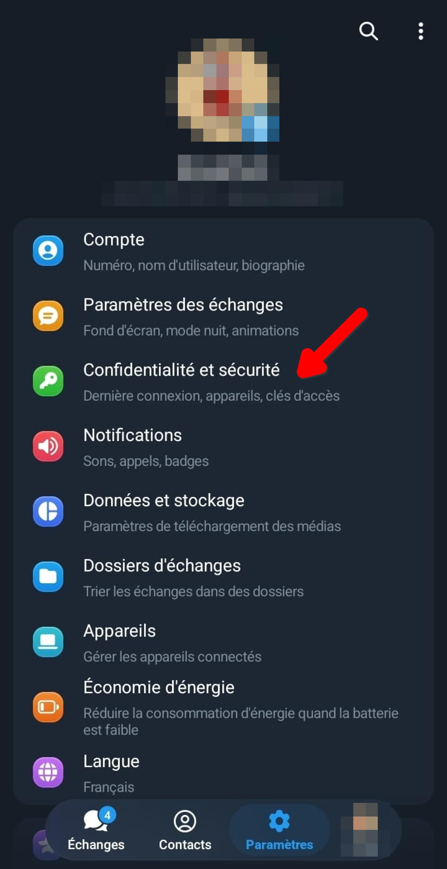 Écran Paramètres Telegram, option Confidentialité et sécurité