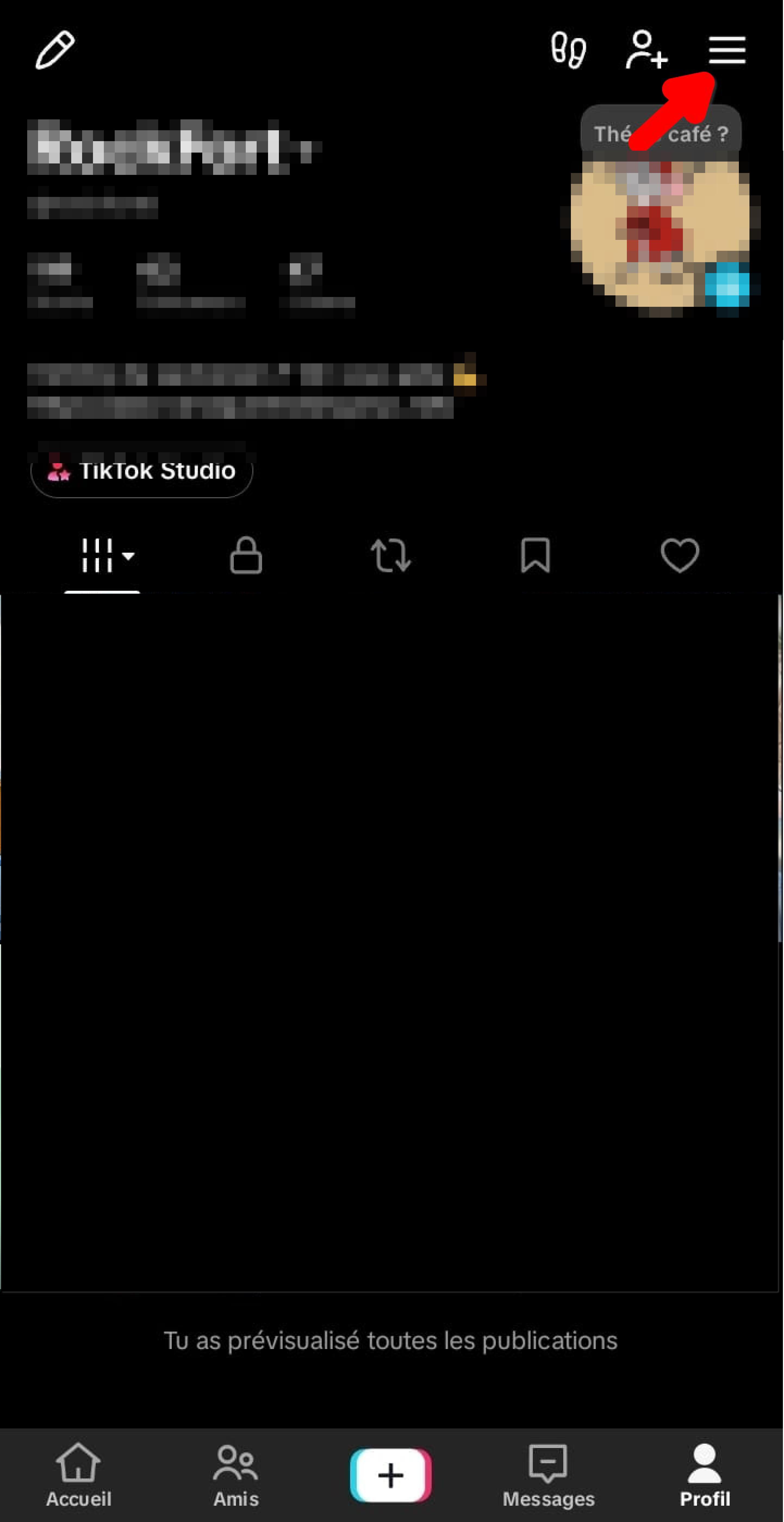 Profil TikTok, icône Menu en haut à droite