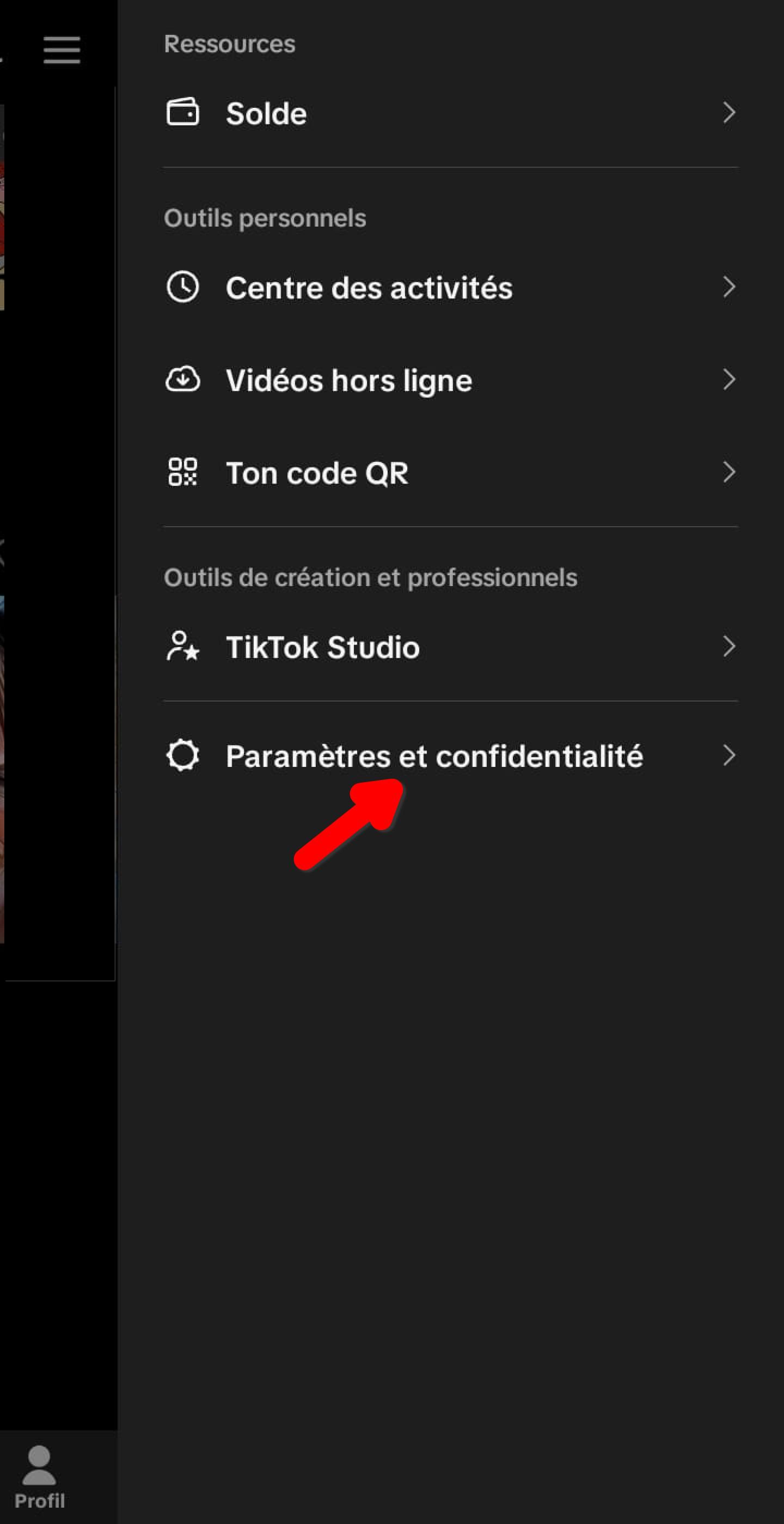 Menu TikTok, option Paramètres et confidentialité