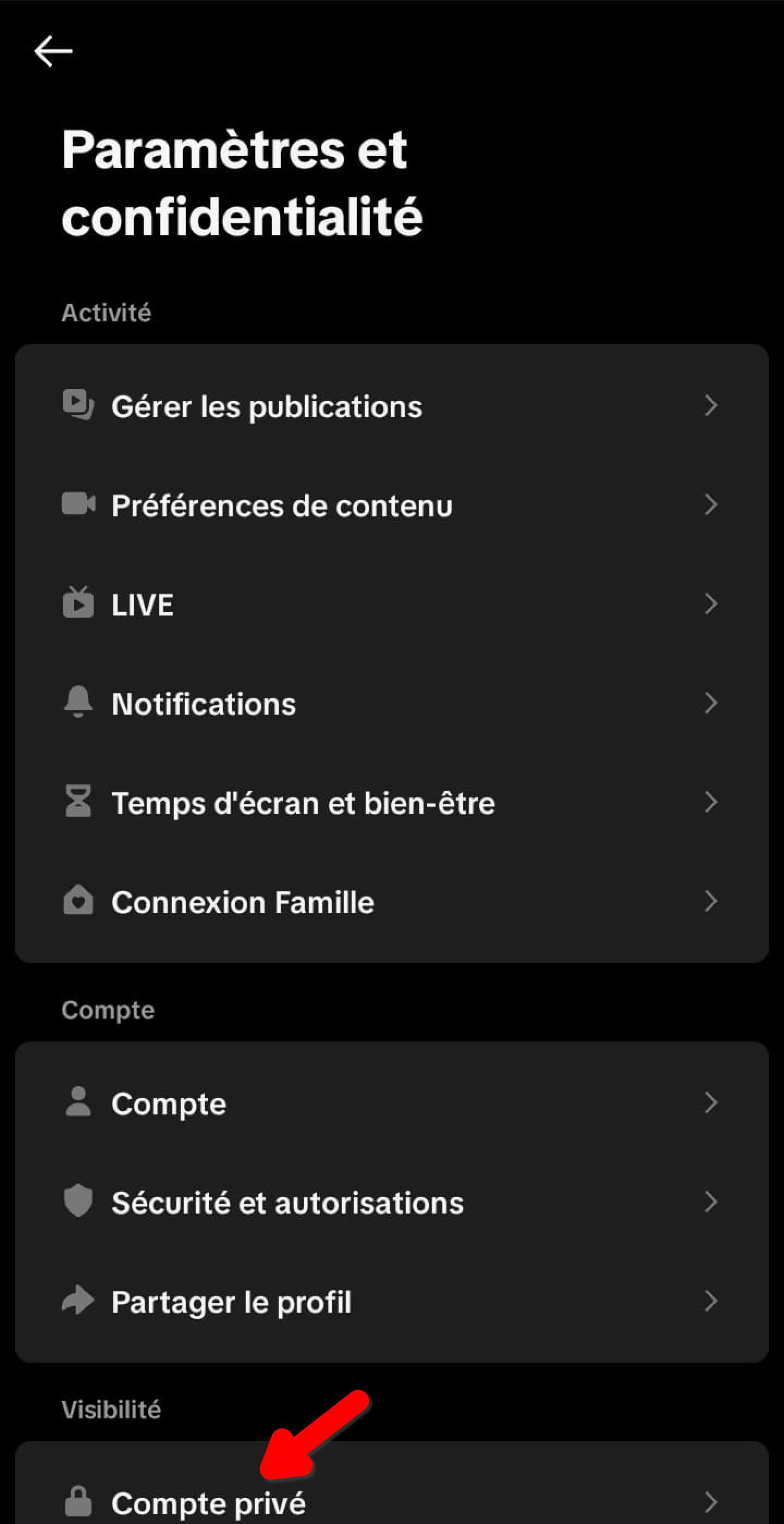 Liste des paramètres TikTok, section Compte