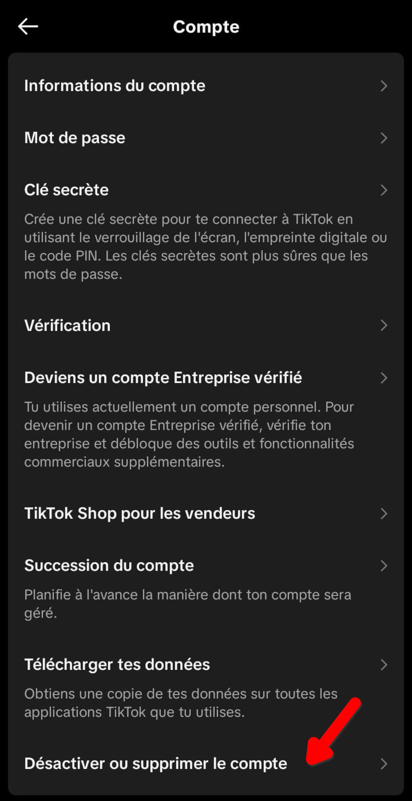 Écran Compte TikTok, option Désactiver ou supprimer le compte en bas