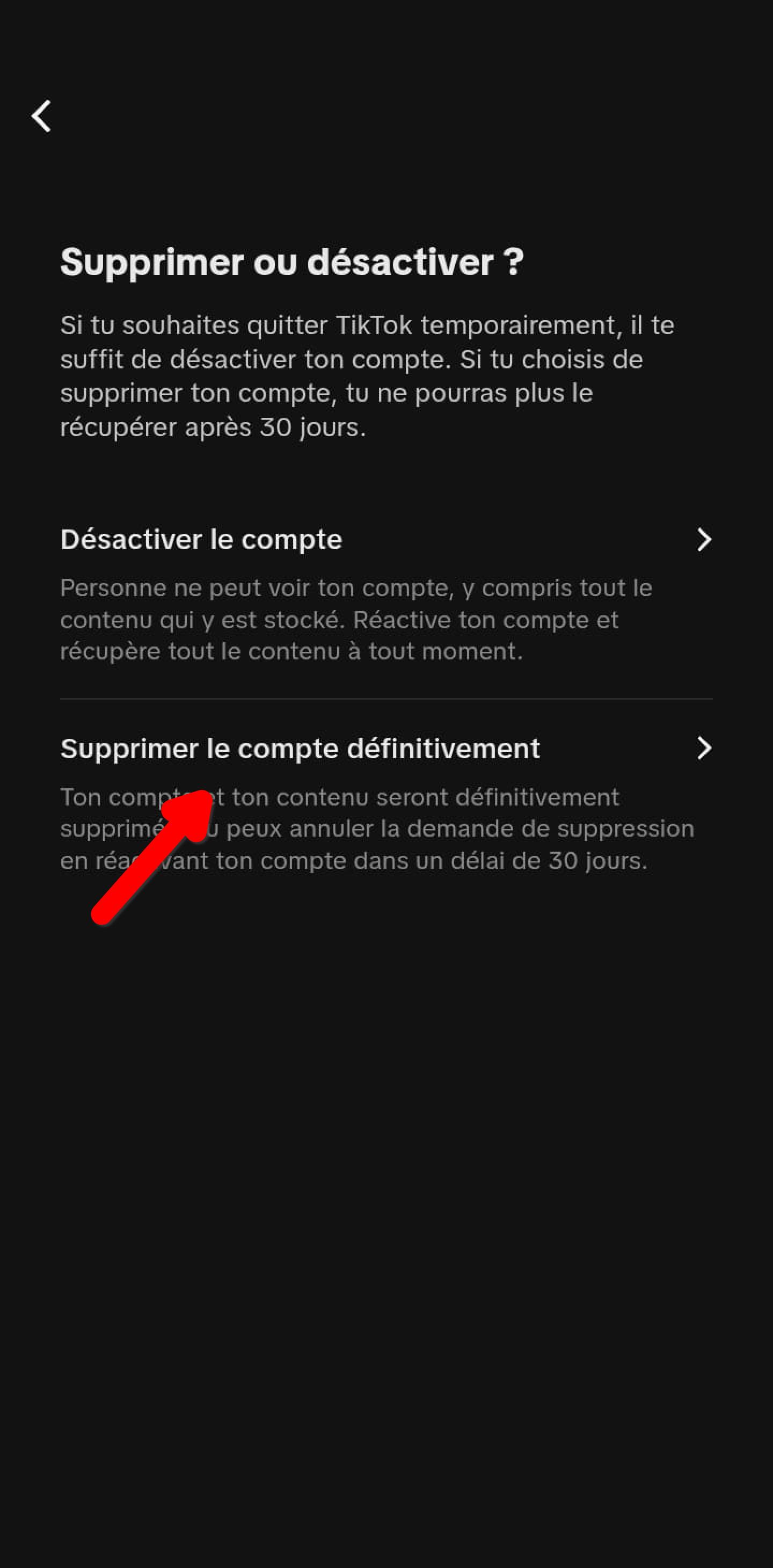 Choix entre désactiver et supprimer définitivement le compte TikTok