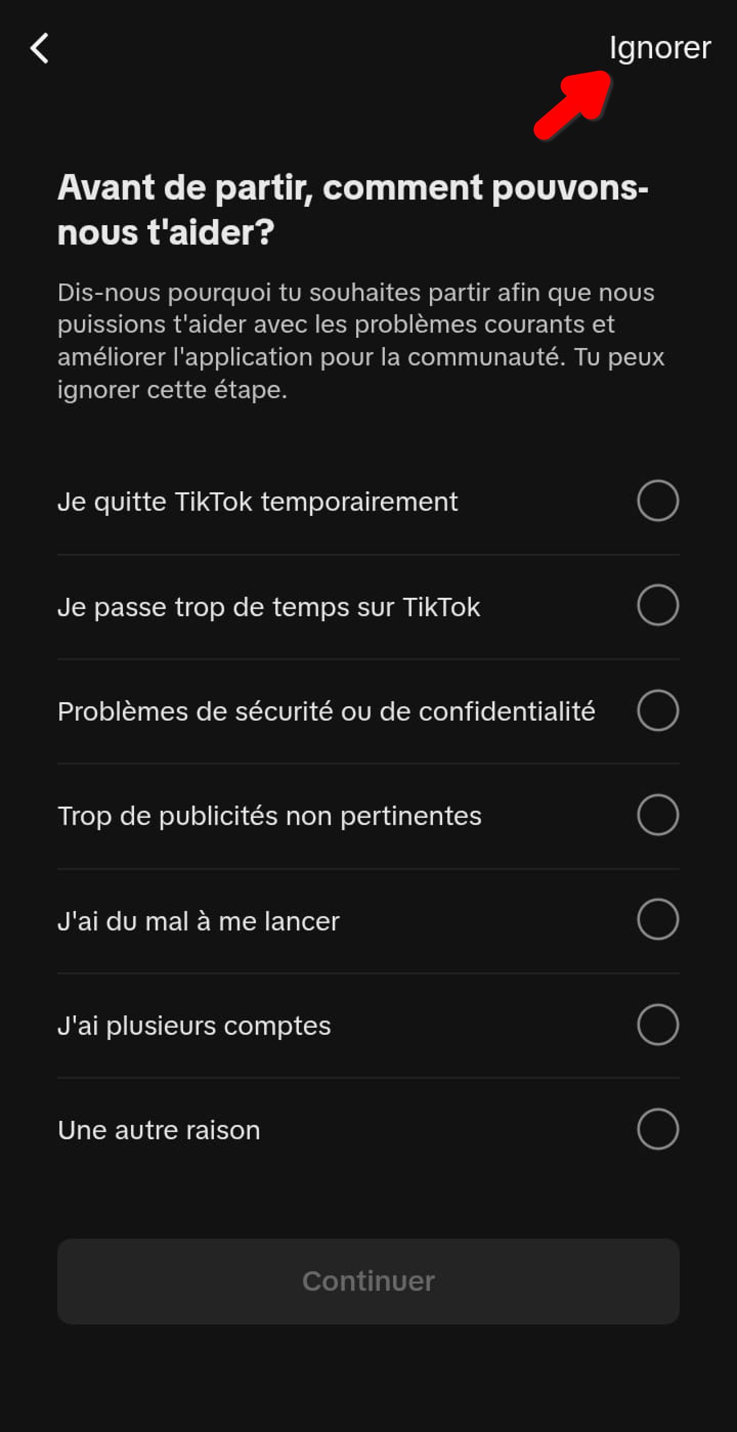 Sondage TikTok sur la raison du départ, avec option Ignorer