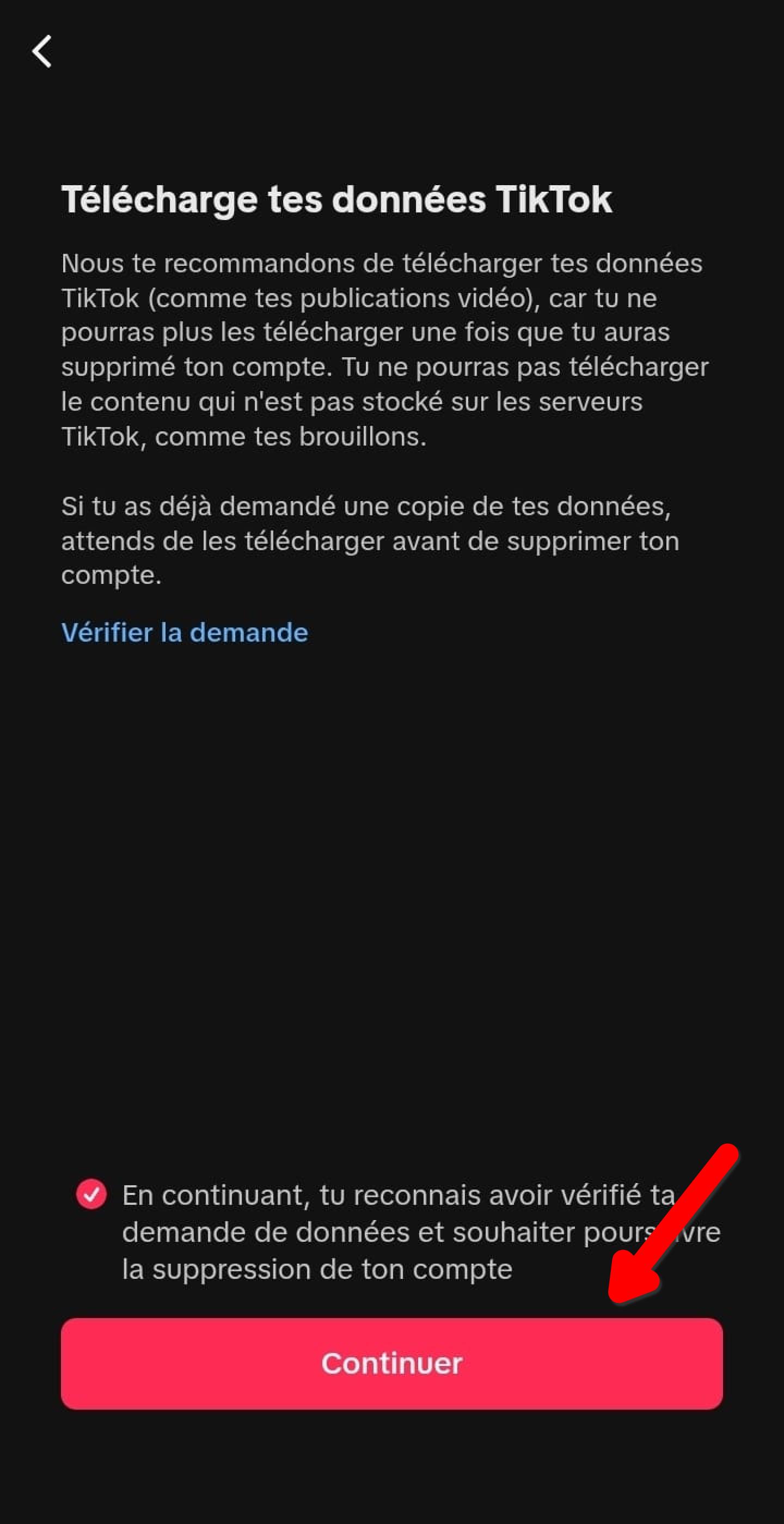 Écran final, case cochée et bouton Continuer pour supprimer le compte TikTok