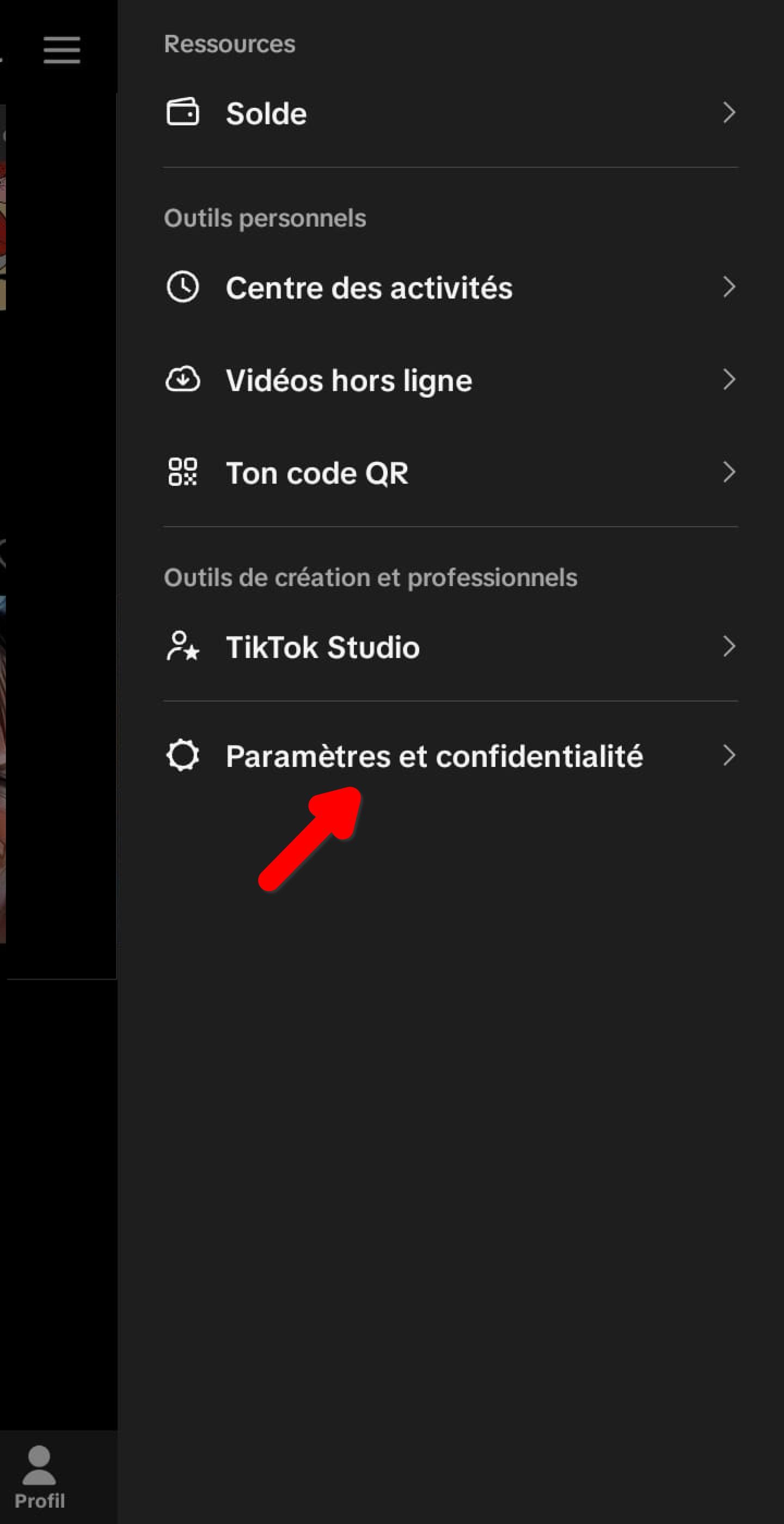 Menu TikTok, option Paramètres et confidentialité