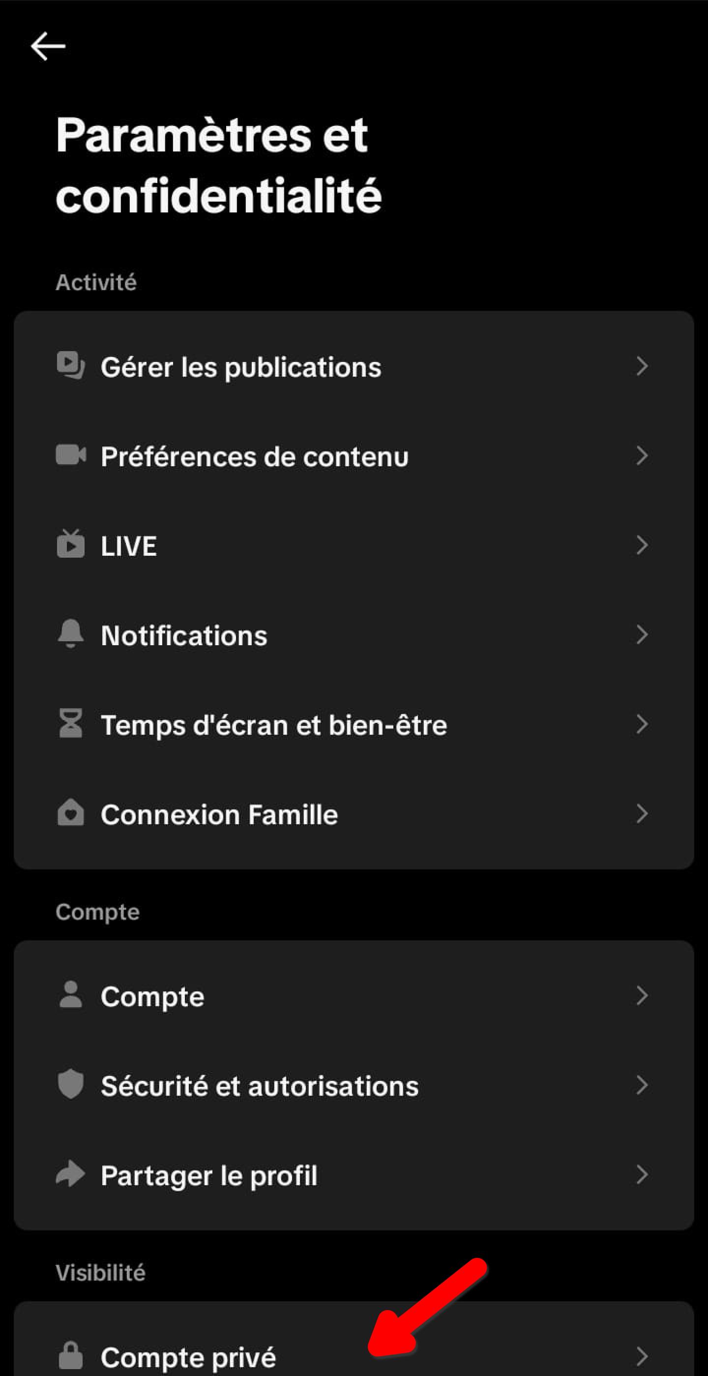 Liste des paramètres TikTok, option Compte privé en bas de l'écran