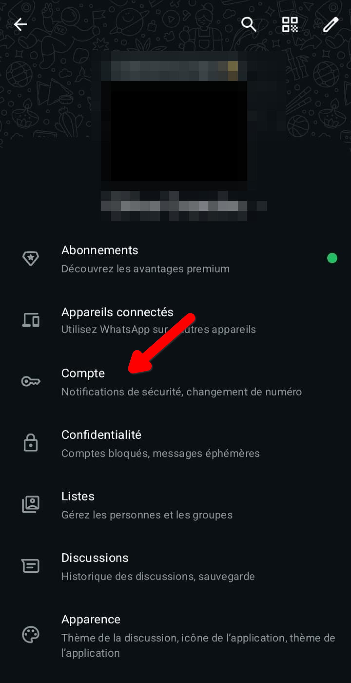 Écran Paramètres WhatsApp, option Compte
