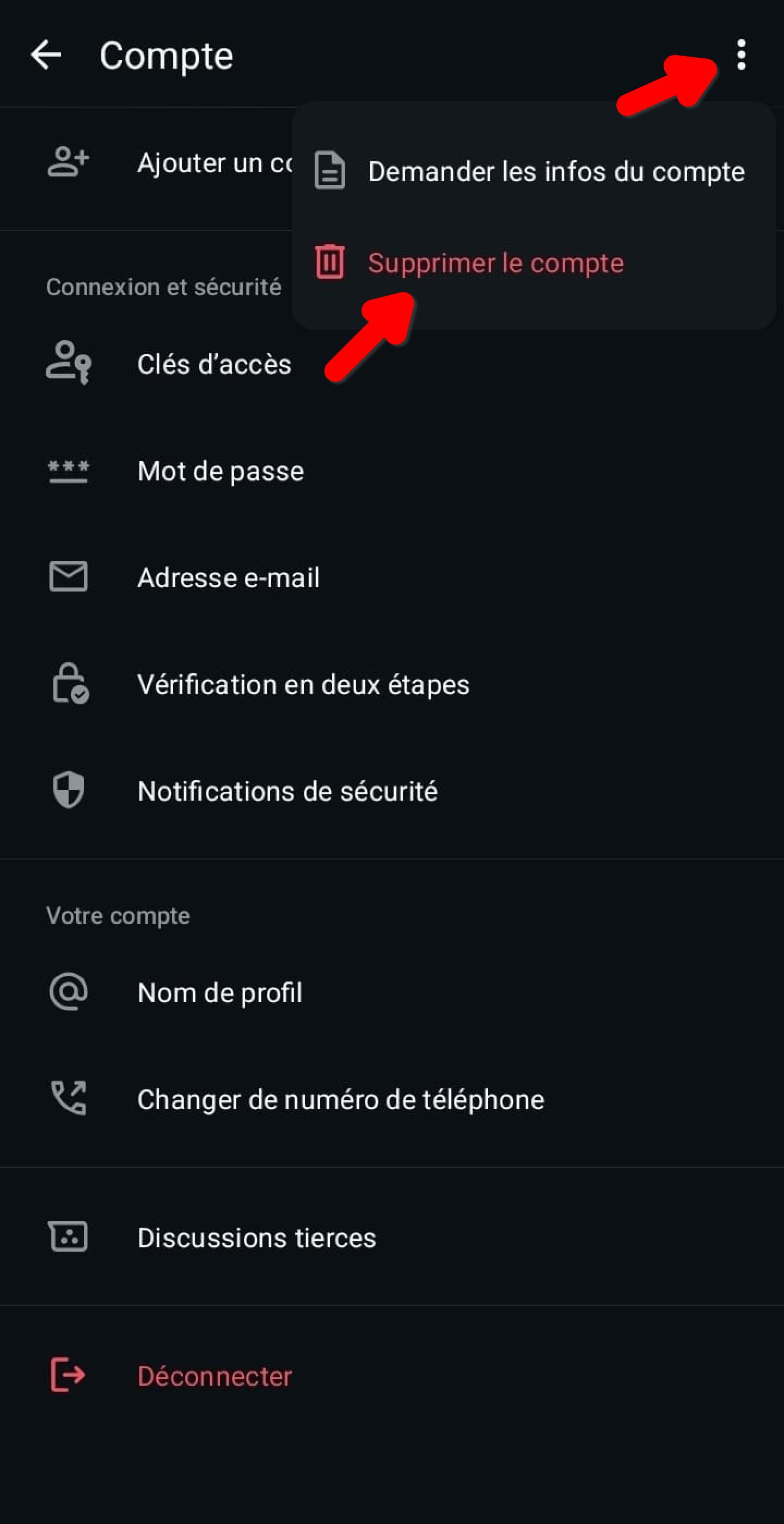Menu ⋮ de l'écran Compte, option Supprimer le compte