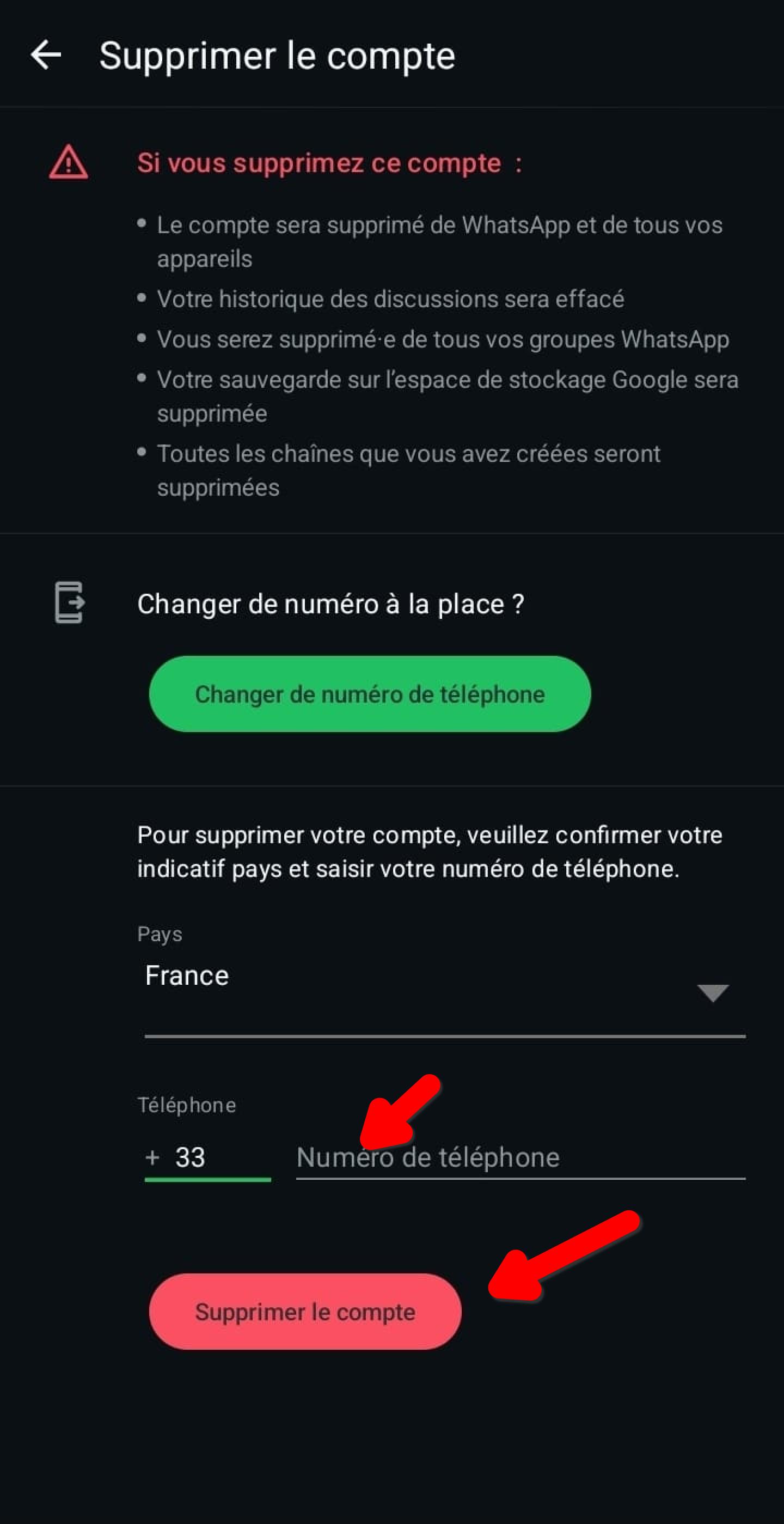 Écran de confirmation Supprimer le compte, saisie du numéro de téléphone