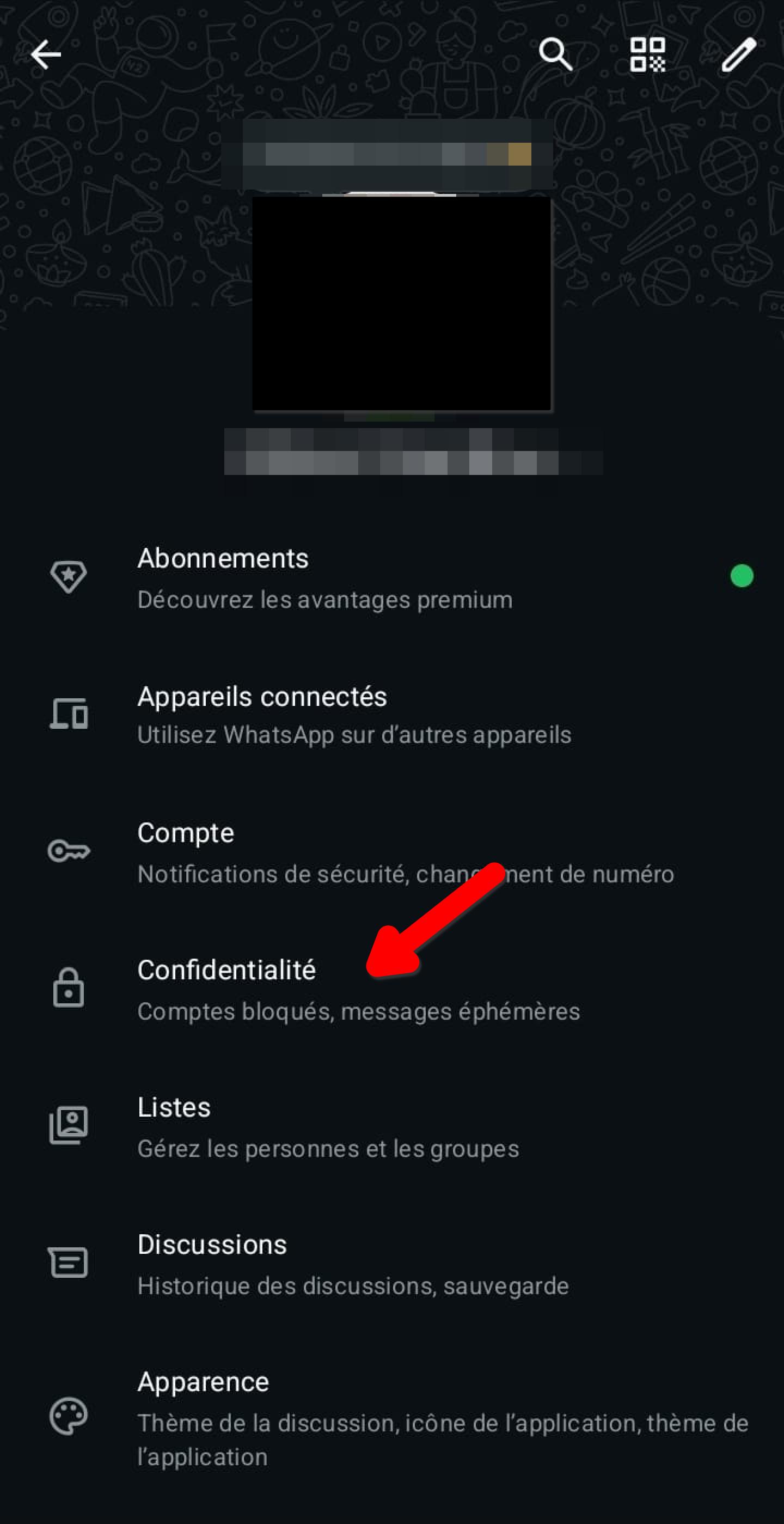 Écran Paramètres WhatsApp, option Confidentialité