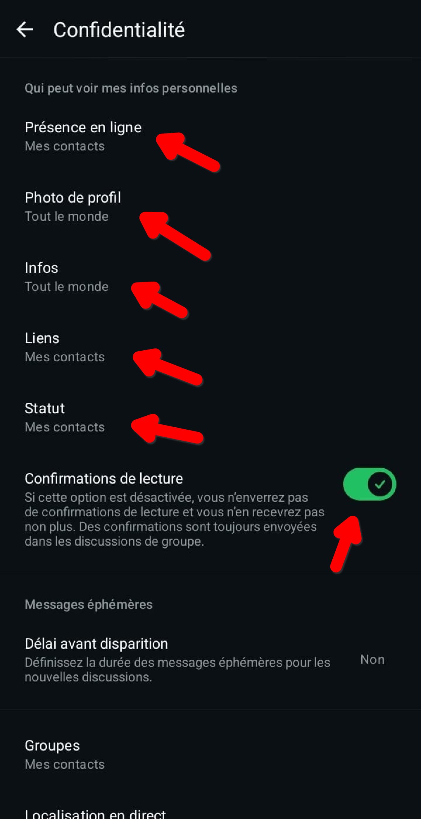 Écran Confidentialité WhatsApp : présence en ligne, photo de profil, infos, statut, confirmations de lecture